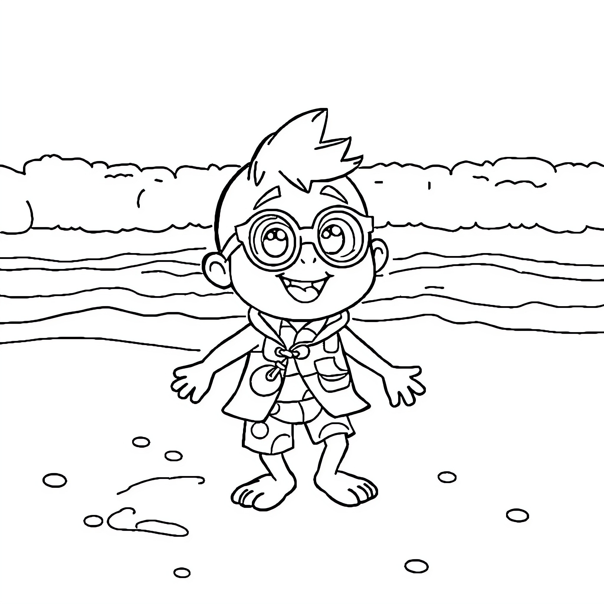 Blippi exploring the beach with excitement Coloring Page (free black-and-white line drawing printable PDF for all, from beginners to advanced learners, including children, teens, adults, and seniors)