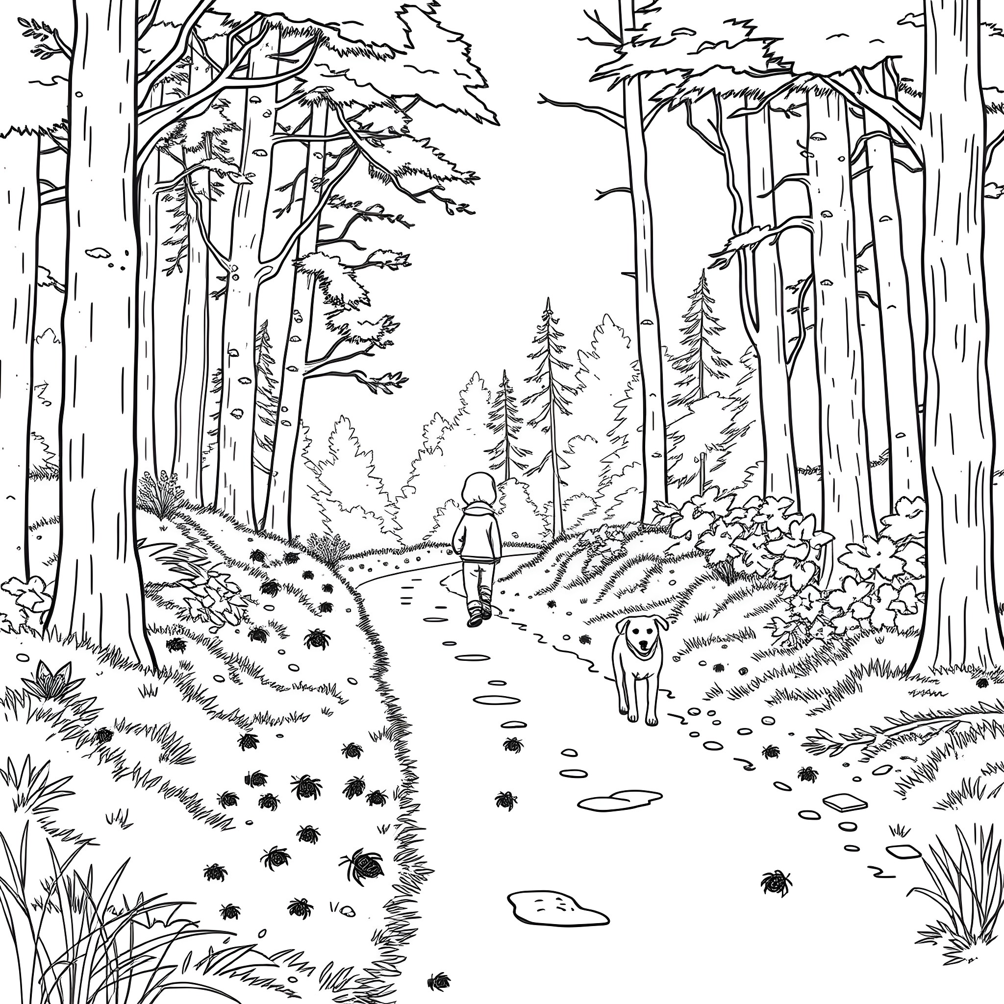Dog walking on a path in the serene forest Coloring Page (free black-and-white line drawing printable PDF for all, from beginners to advanced learners, including children, teens, adults, and seniors)