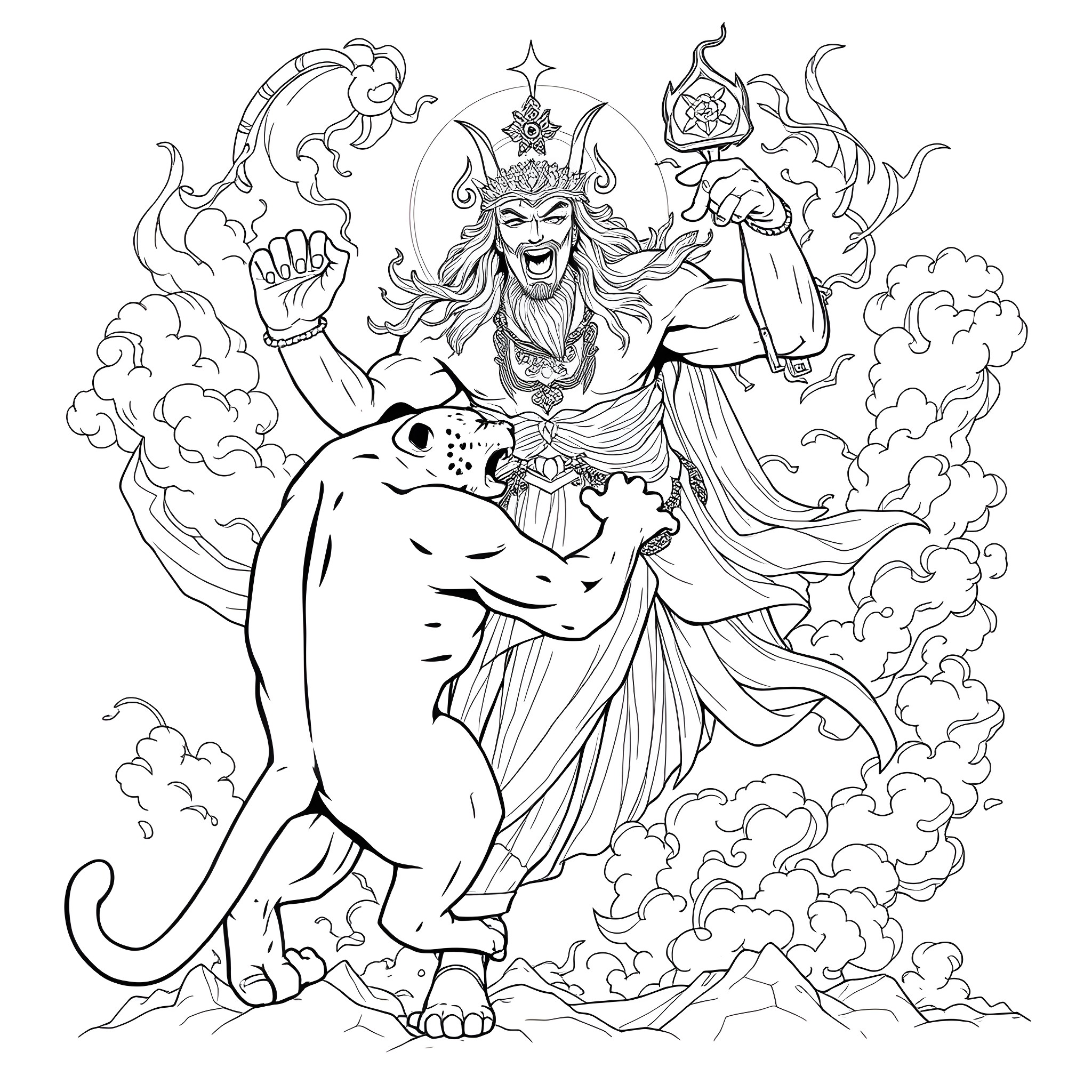 Cat deity commanding mythical creature in cosmic scene Coloring Page (free black-and-white line drawing printable PDF for all, from beginners to advanced learners, including children, teens, adults, and seniors)