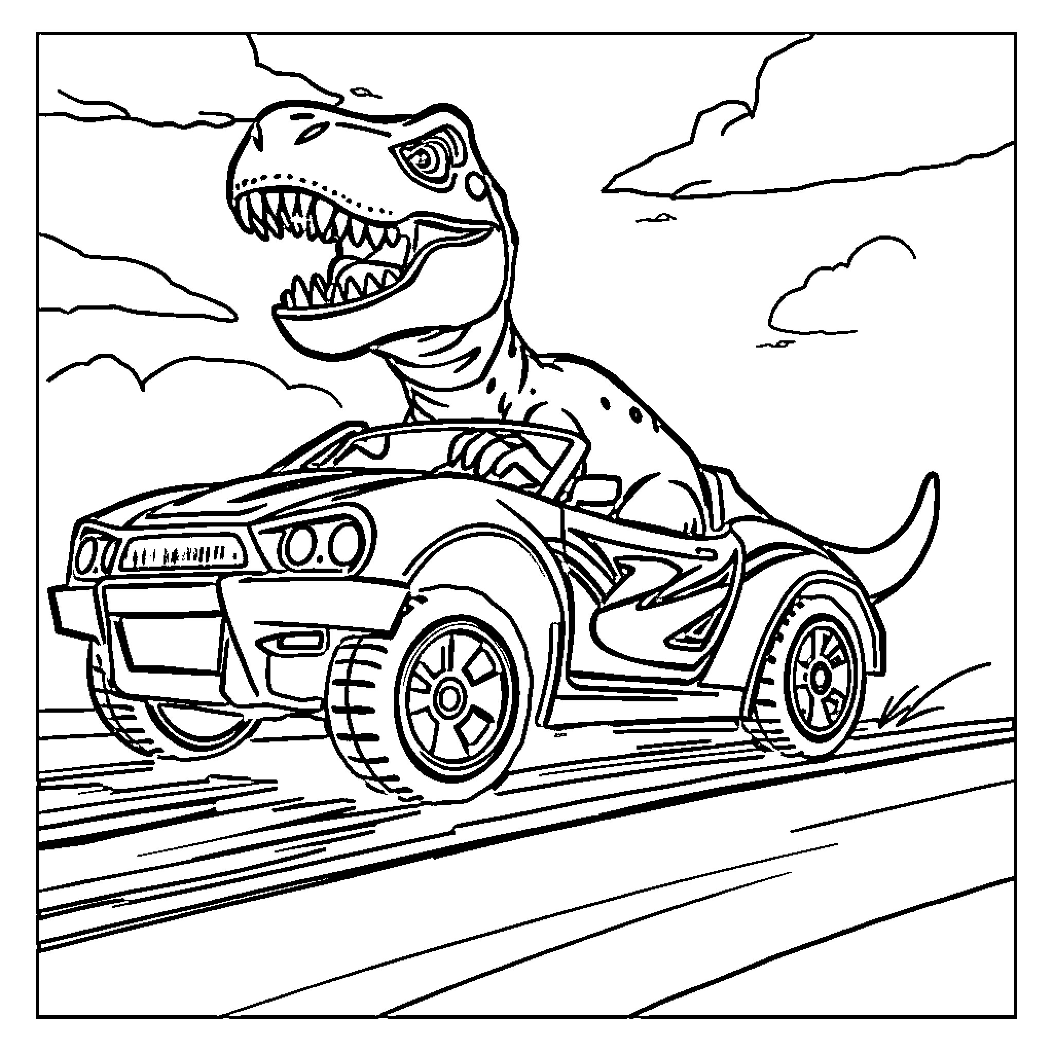 Dinosaur racing in a sports car on the highway Coloring Page (free black-and-white line drawing printable PDF for all, from beginners to advanced learners, including children, teens, adults, and seniors)