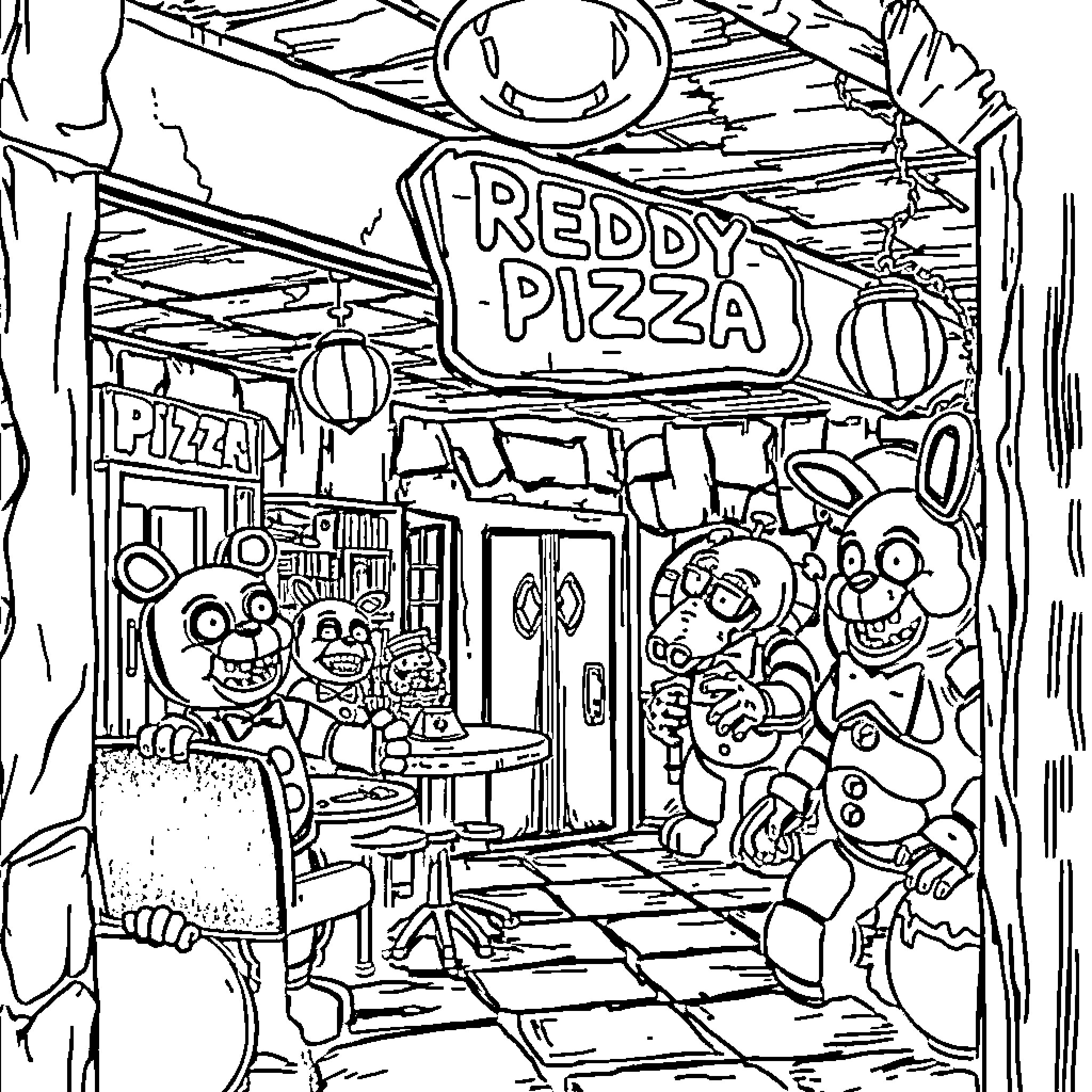 Five Nights At Freddy's: Freddy's Pizza Parlor Coloring Page (free black-and-white line drawing printable PDF for all, from beginners to advanced learners, including children, teens, adults, and seniors)