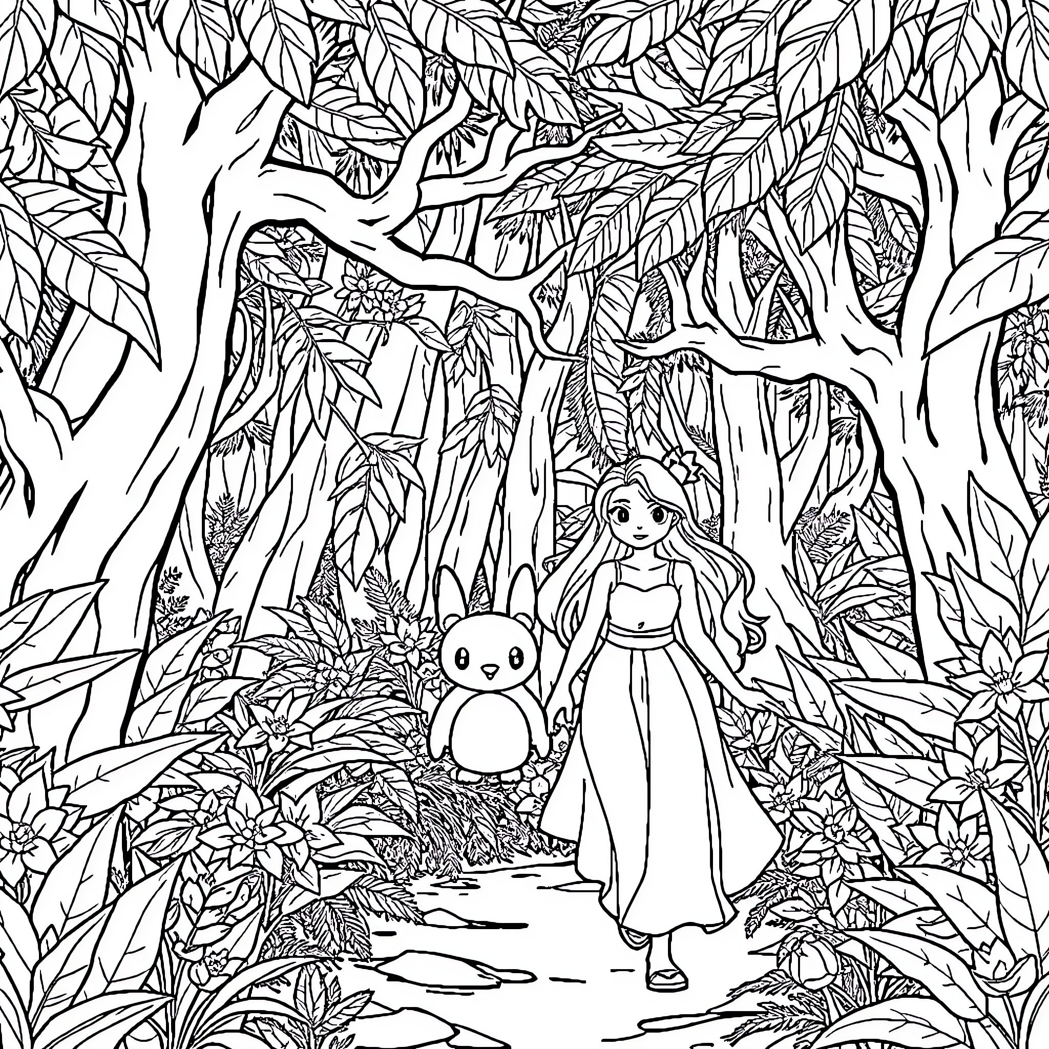 Snow White and Cinderella explore the enchanted forest Coloring Page (free black-and-white line drawing printable PDF for all, from beginners to advanced learners, including children, teens, adults, and seniors)