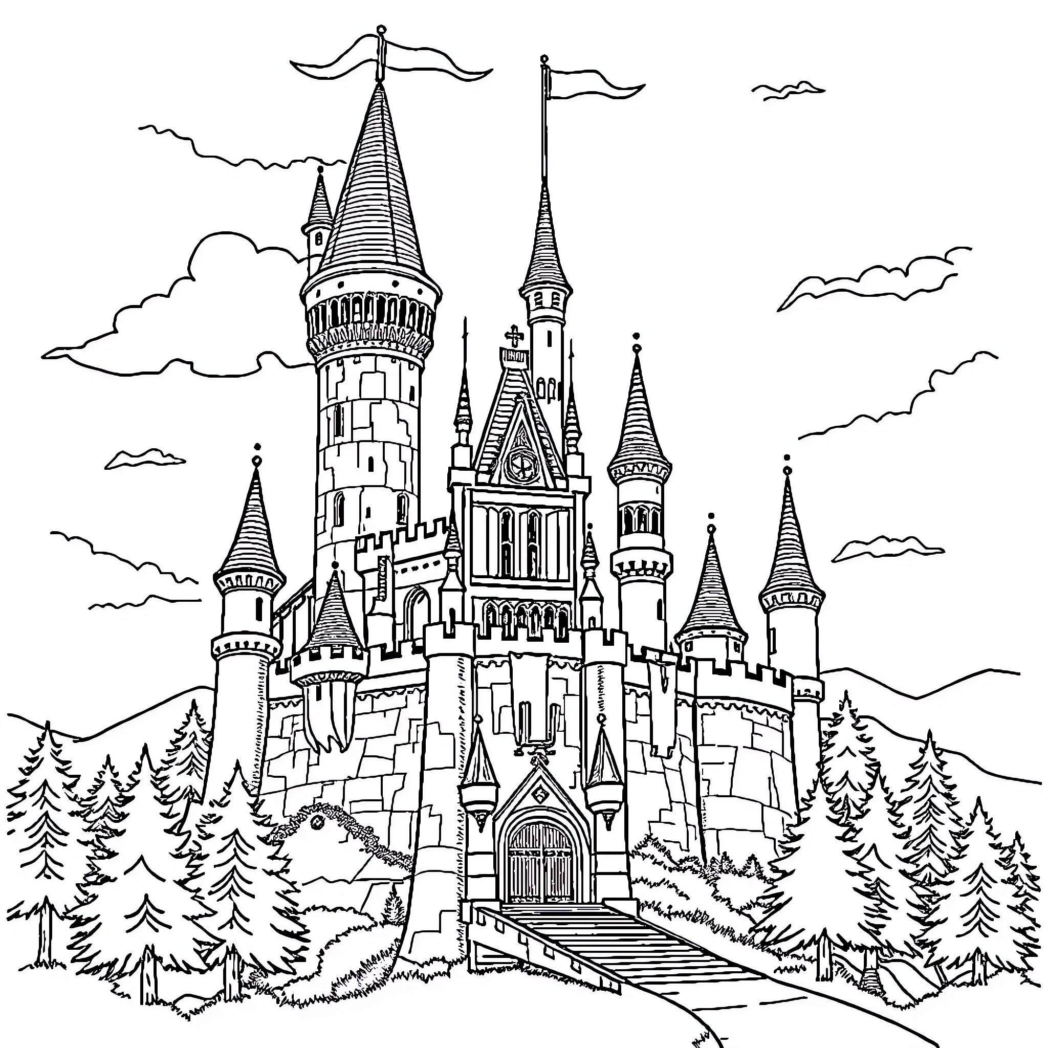 Kamelott's Majestic Castle Amidst Towering Peaks Coloring Page (free black-and-white line drawing printable PDF for all, from beginners to advanced learners, including children, teens, adults, and seniors)