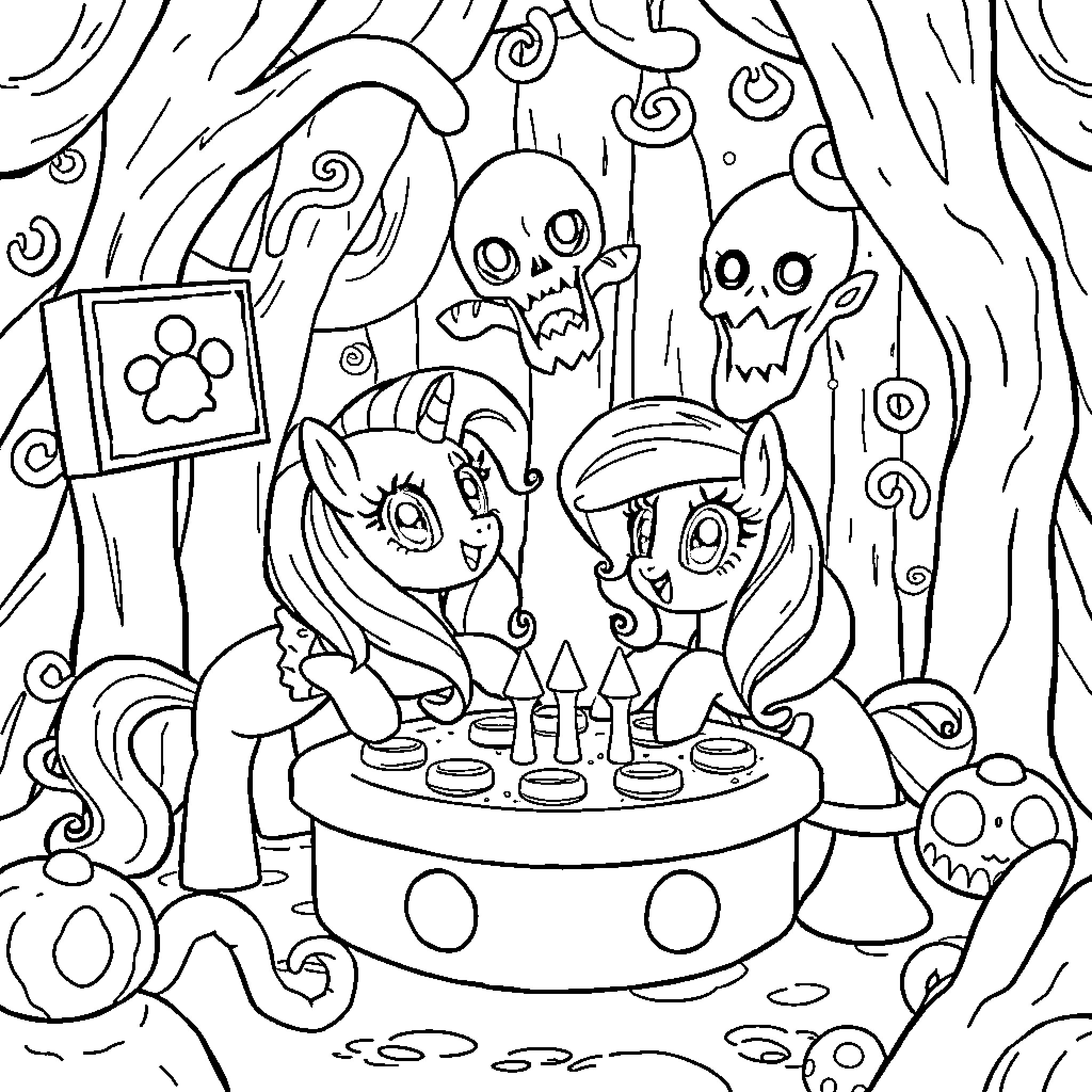 Pony Playing Chess with Spooky Creatures Coloring Page (free black-and-white line drawing printable PDF for all, from beginners to advanced learners, including children, teens, adults, and seniors)