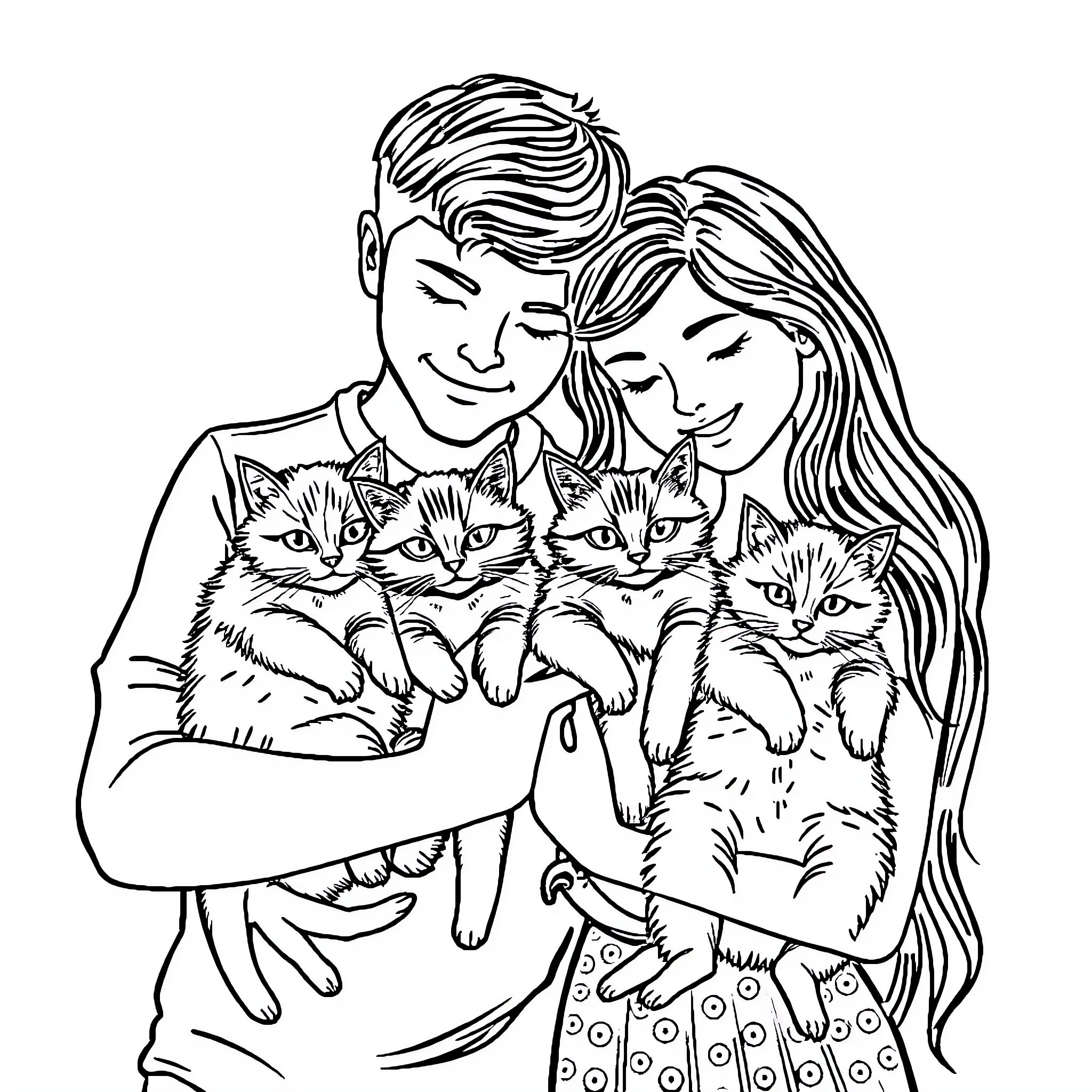 Cat-loving Couple Cuddle with Kittens Coloring Page (free black-and-white line drawing printable PDF for all, from beginners to advanced learners, including children, teens, adults, and seniors)