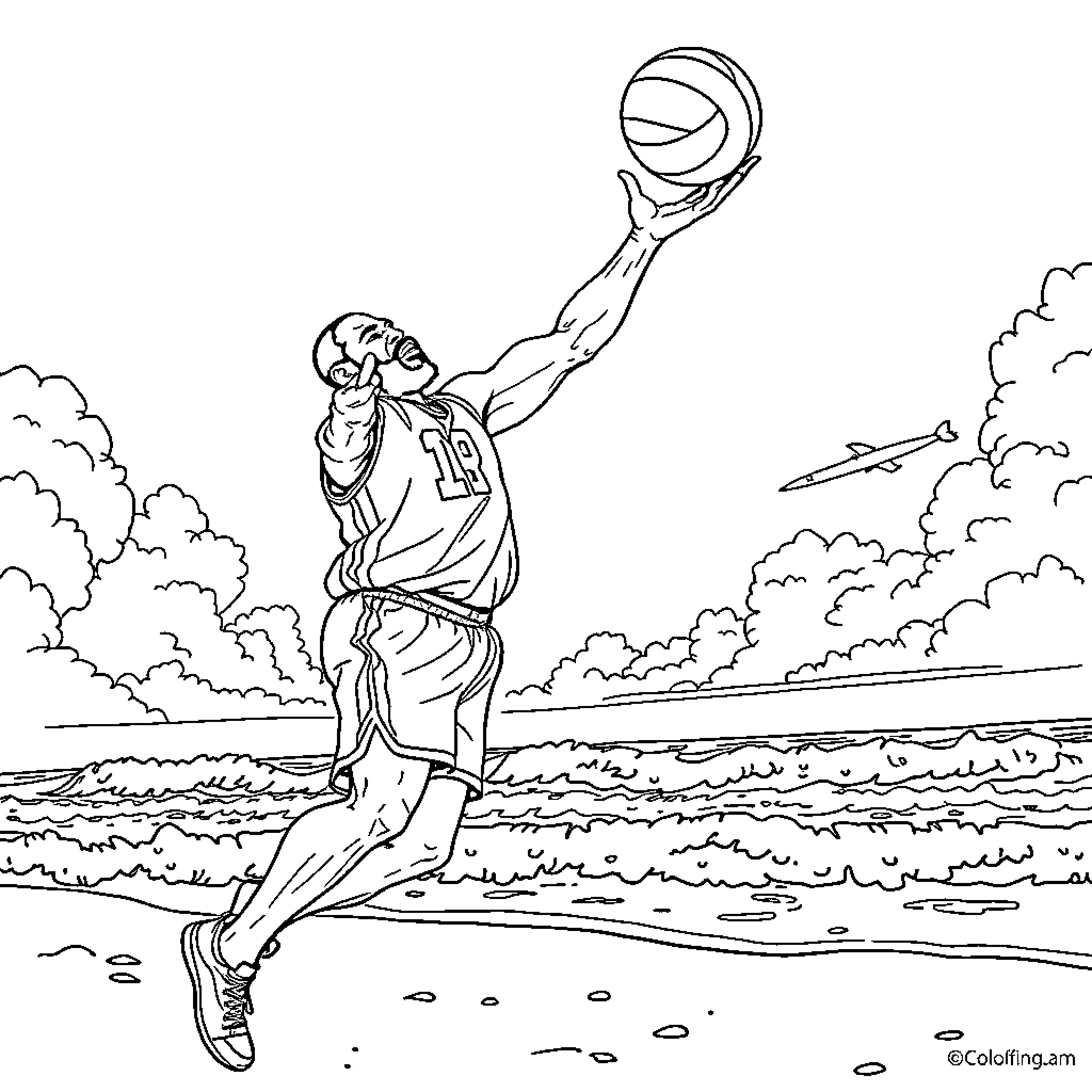 Shaquille O'Neal jumping for a basketball shot Coloring Page (free black-and-white line drawing printable PDF for all, from beginners to advanced learners, including children, teens, adults, and seniors)