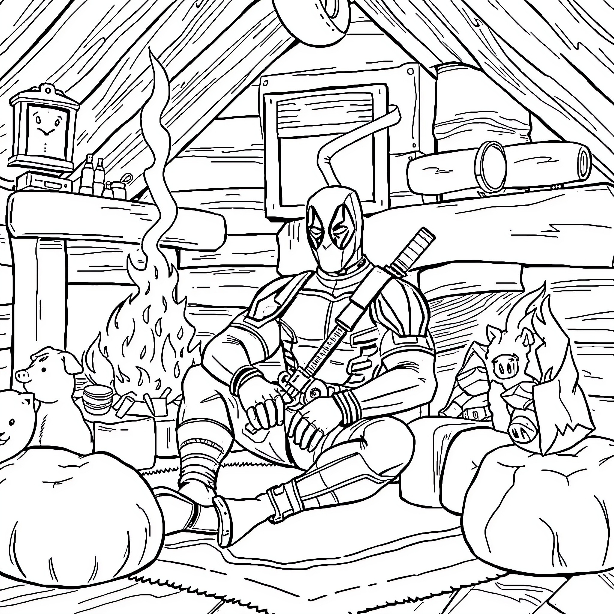 Deadpool's Cozy Campfire Adventure Coloring Page (free black-and-white line drawing printable PDF for all, from beginners to advanced learners, including children, teens, adults, and seniors)