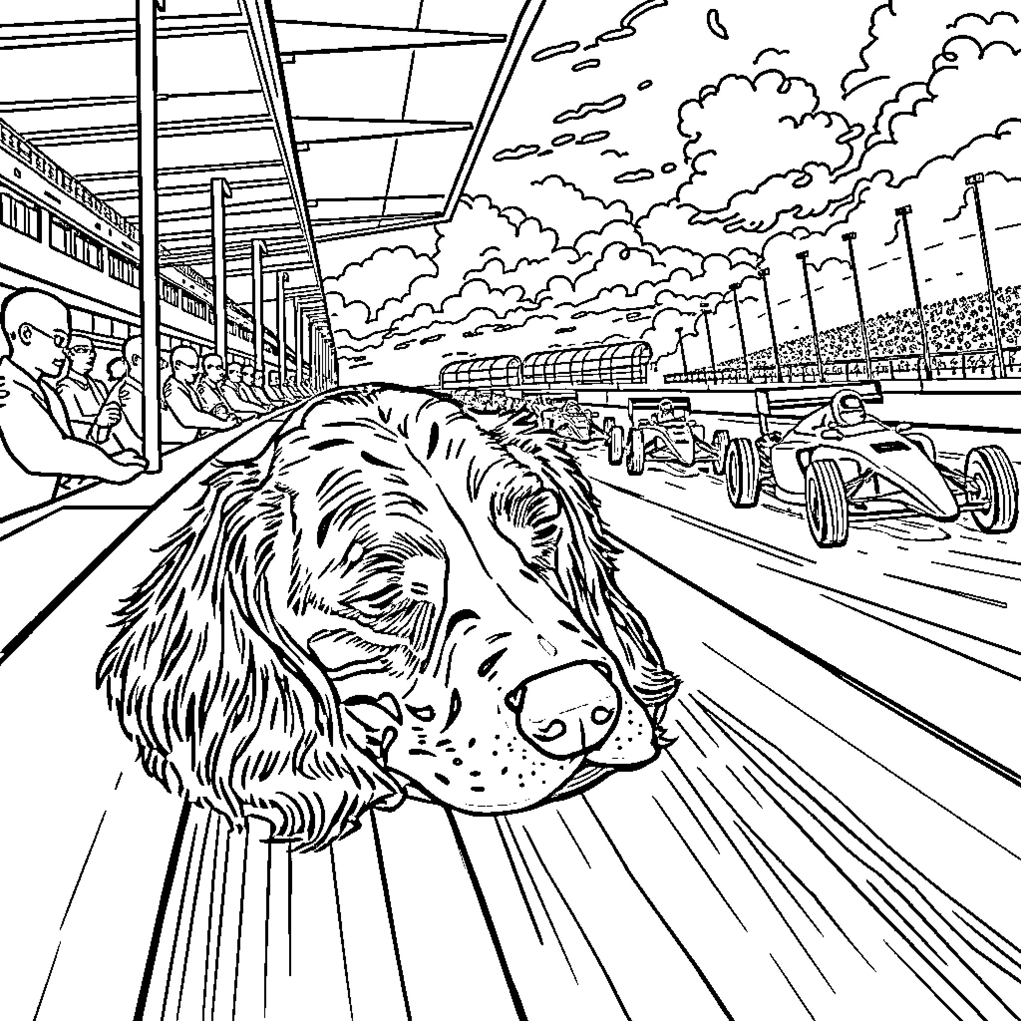 Irish Setter watching an exciting car race Coloring Page (free black-and-white line drawing printable PDF for all, from beginners to advanced learners, including children, teens, adults, and seniors)