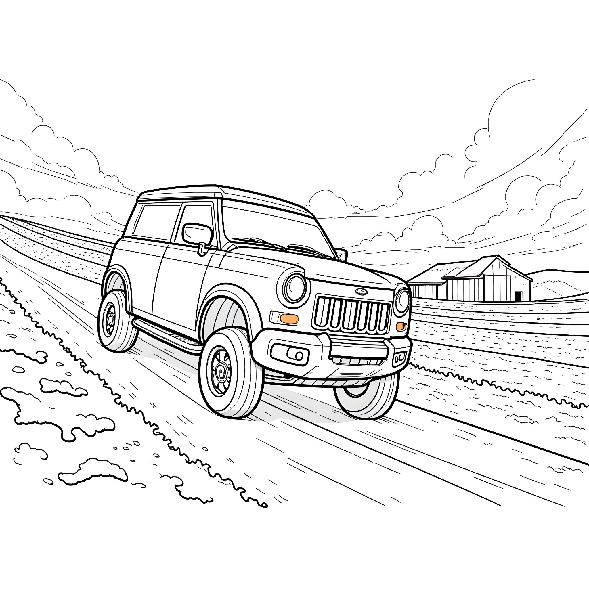 Farm vehicle driving on a rural road Coloring Page (free black-and-white line drawing printable PDF for all, from beginners to advanced learners, including children, teens, adults, and seniors)