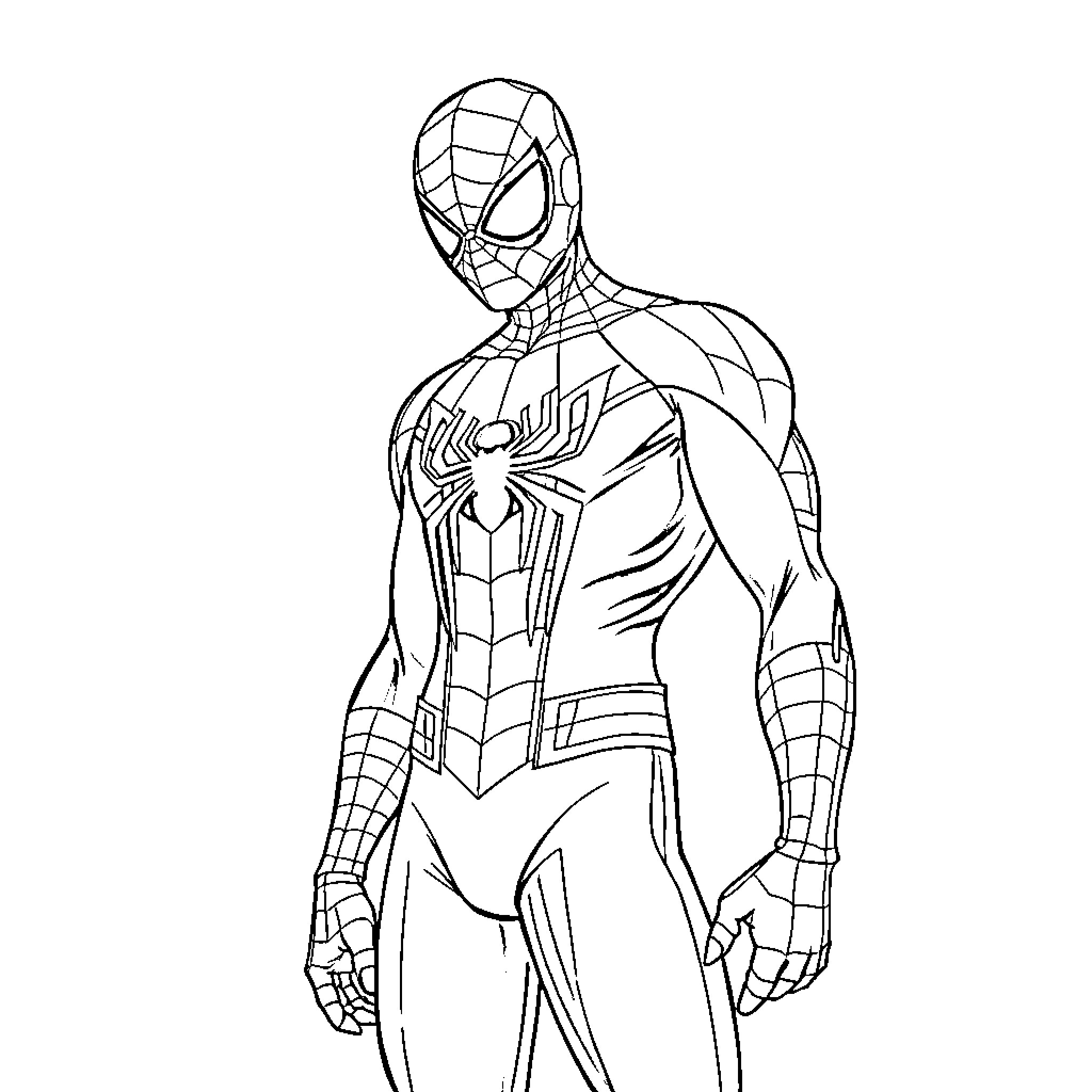 Spiderman in action-packed pose Coloring Page (free black-and-white line drawing printable PDF for all, from beginners to advanced learners, including children, teens, adults, and seniors)