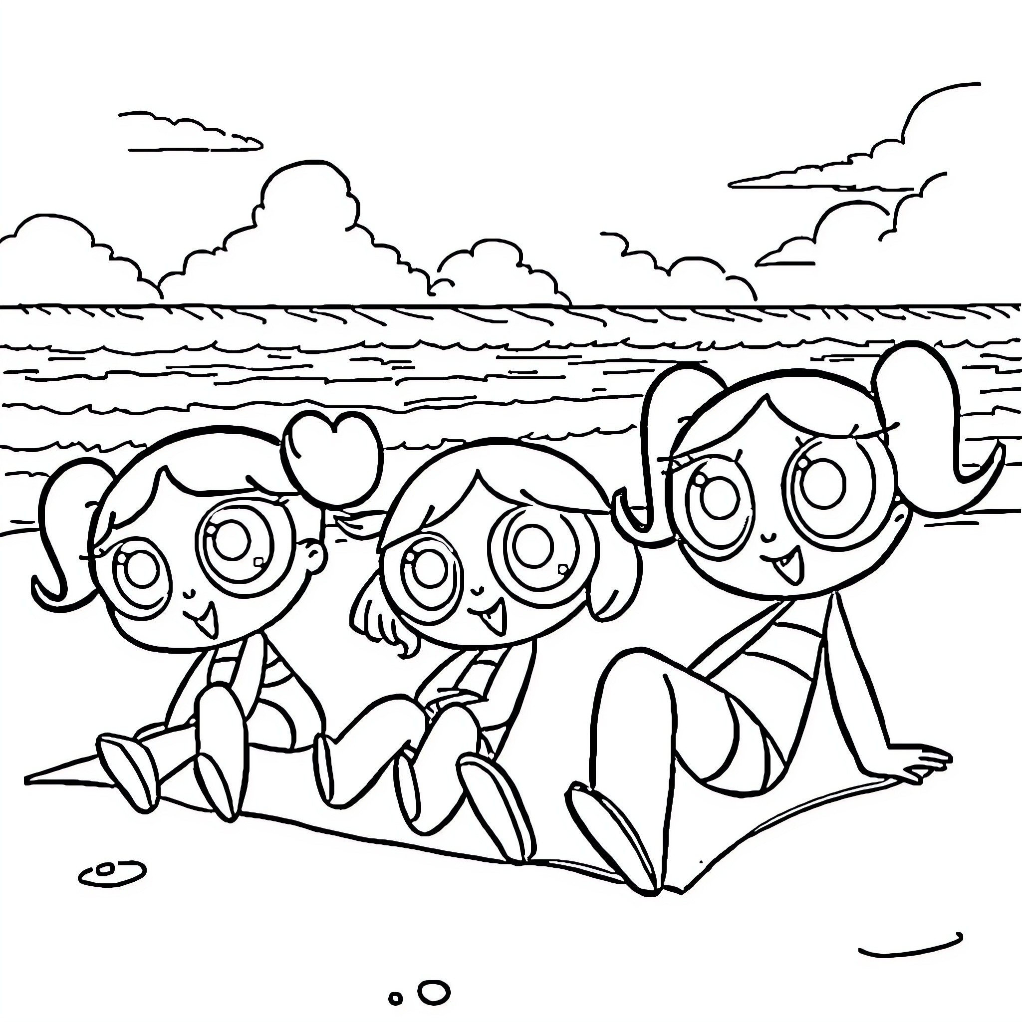 Powerpuff Girls having fun on the beach Coloring Page (free black-and-white line drawing printable PDF for all, from beginners to advanced learners, including children, teens, adults, and seniors)