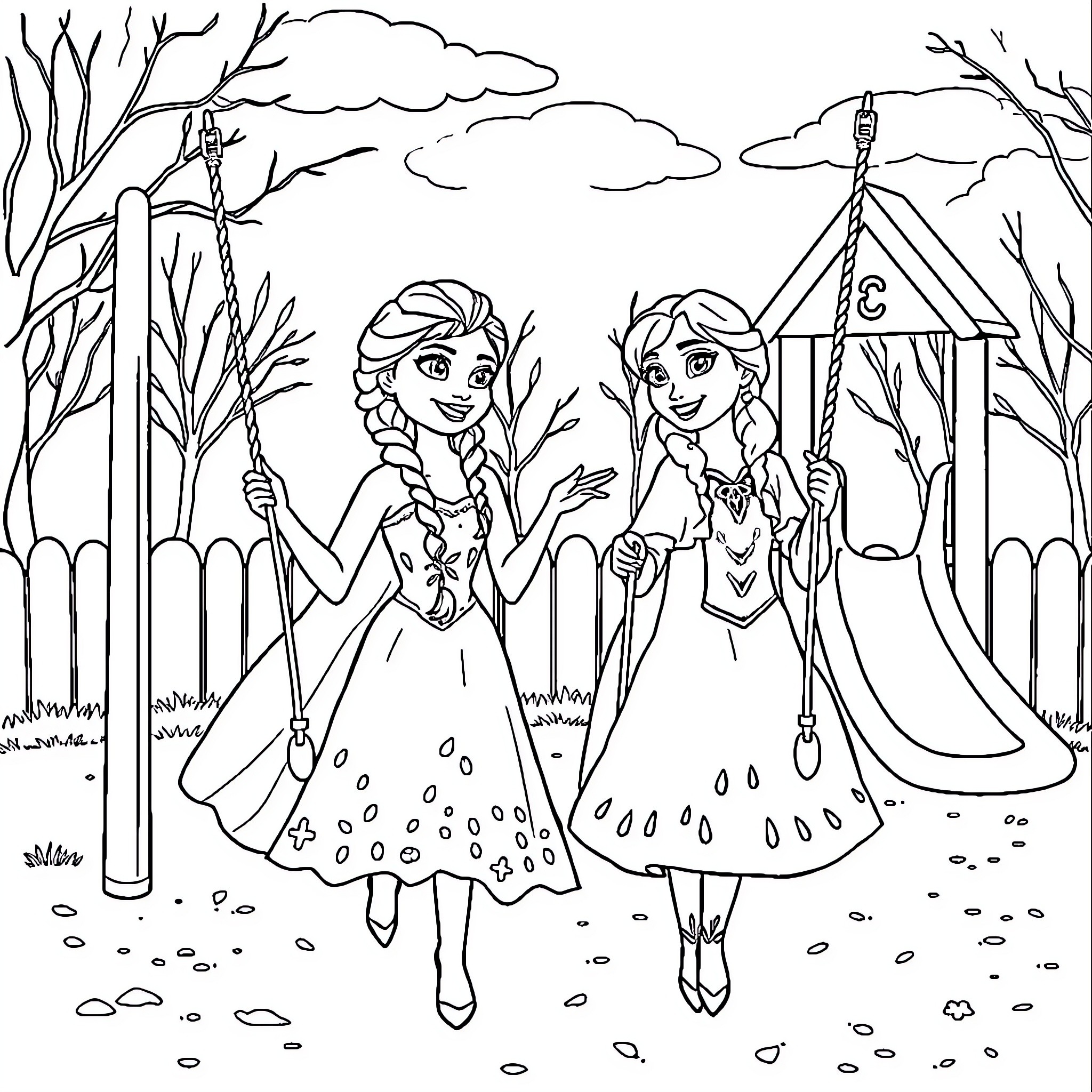 Elsa and Anna enjoying a winter wonderland adventure Coloring Page (free black-and-white line drawing printable PDF for all, from beginners to advanced learners, including children, teens, adults, and seniors)
