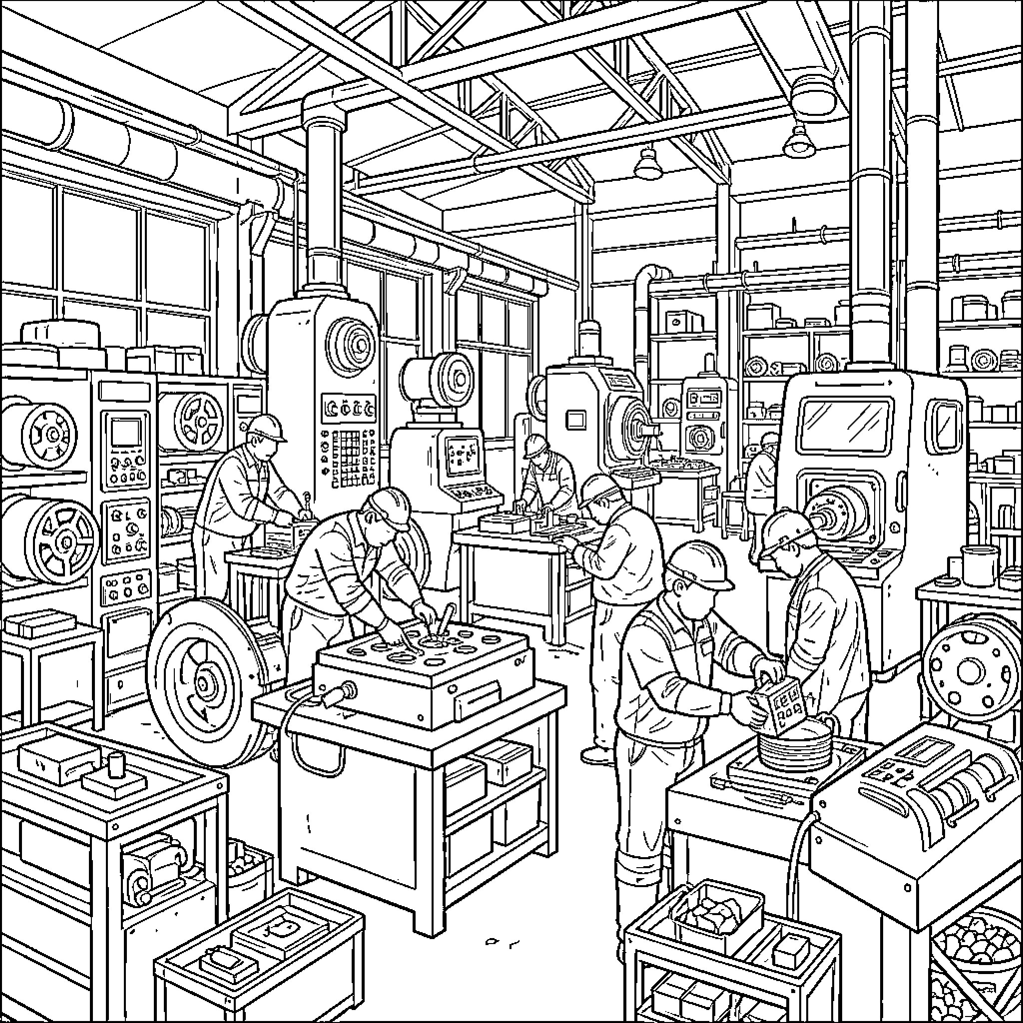 Machine Repair Workshop with Technicians at Work Coloring Page (free black-and-white line drawing printable PDF for all, from beginners to advanced learners, including children, teens, adults, and seniors)