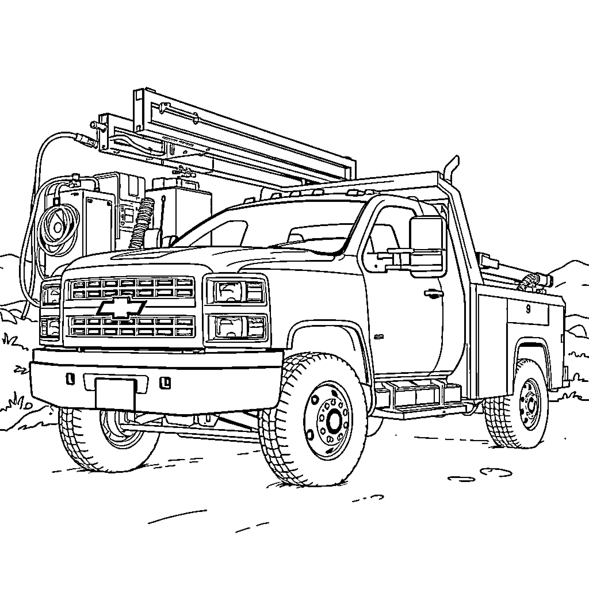Chevy utility truck with crane on rugged terrain Coloring Page (free black-and-white line drawing printable PDF for all, from beginners to advanced learners, including children, teens, adults, and seniors)