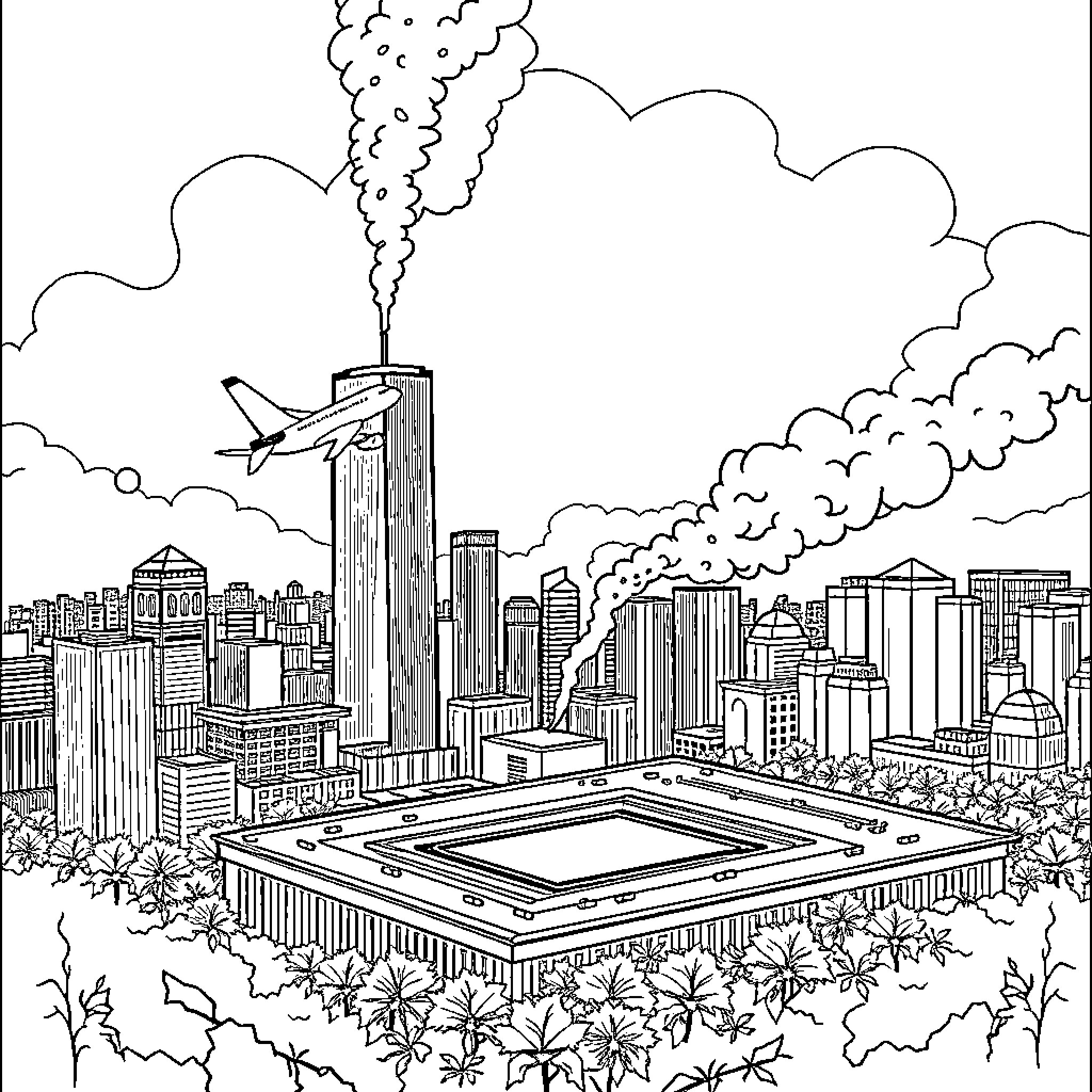 9/11 Remembrance: Skyline Silhouette and Tragedy Coloring Page (free black-and-white line drawing printable PDF for all, from beginners to advanced learners, including children, teens, adults, and seniors)
