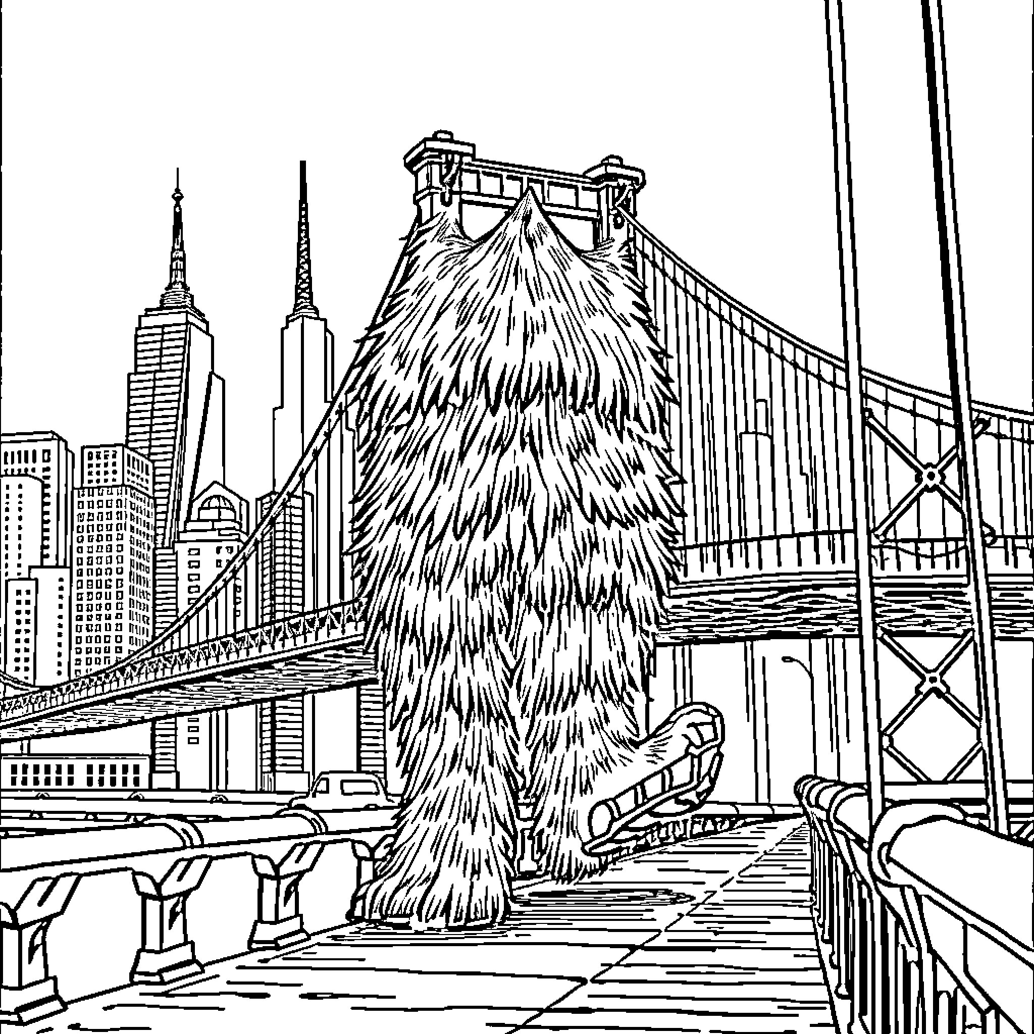 Bigfoot exploring the urban cityscape Coloring Page (free black-and-white line drawing printable PDF for all, from beginners to advanced learners, including children, teens, adults, and seniors)