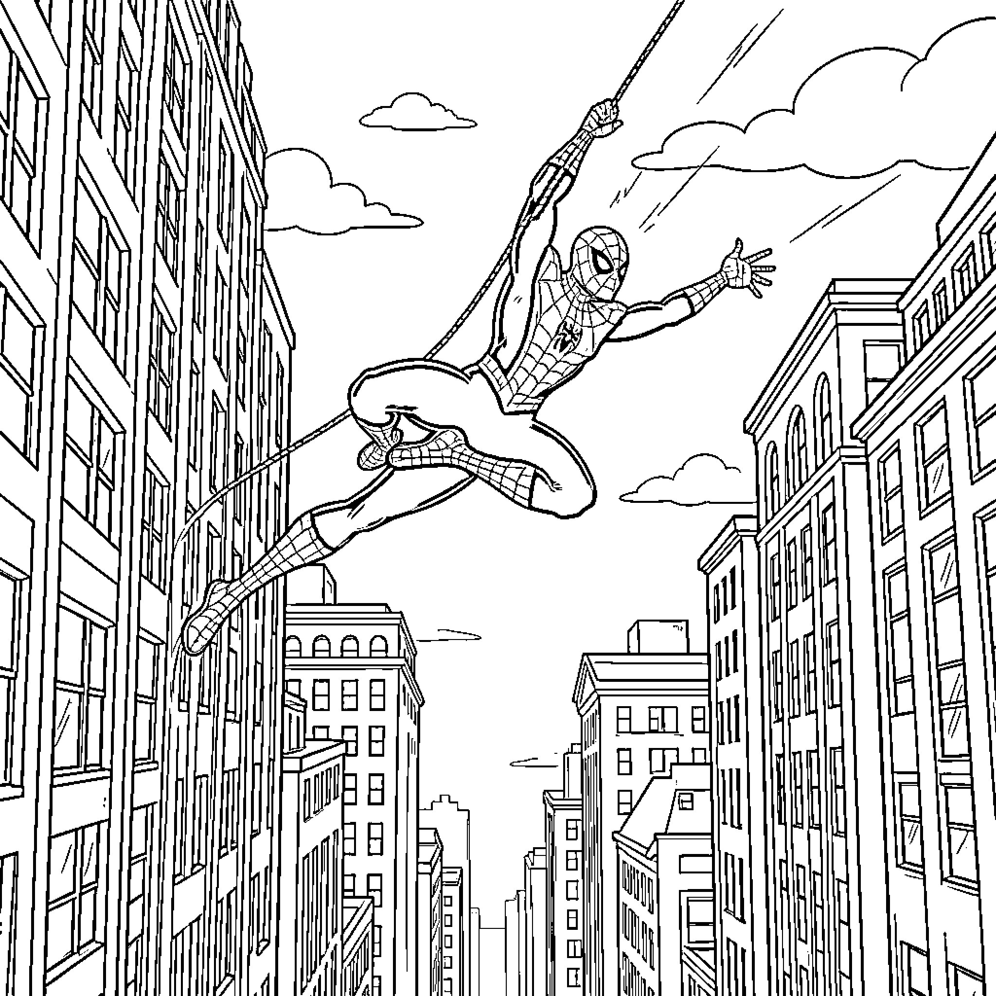 Spiderman swinging through a cityscape between tall buildings Coloring Page (free black-and-white line drawing printable PDF for all, from beginners to advanced learners, including children, teens, adults, and seniors)