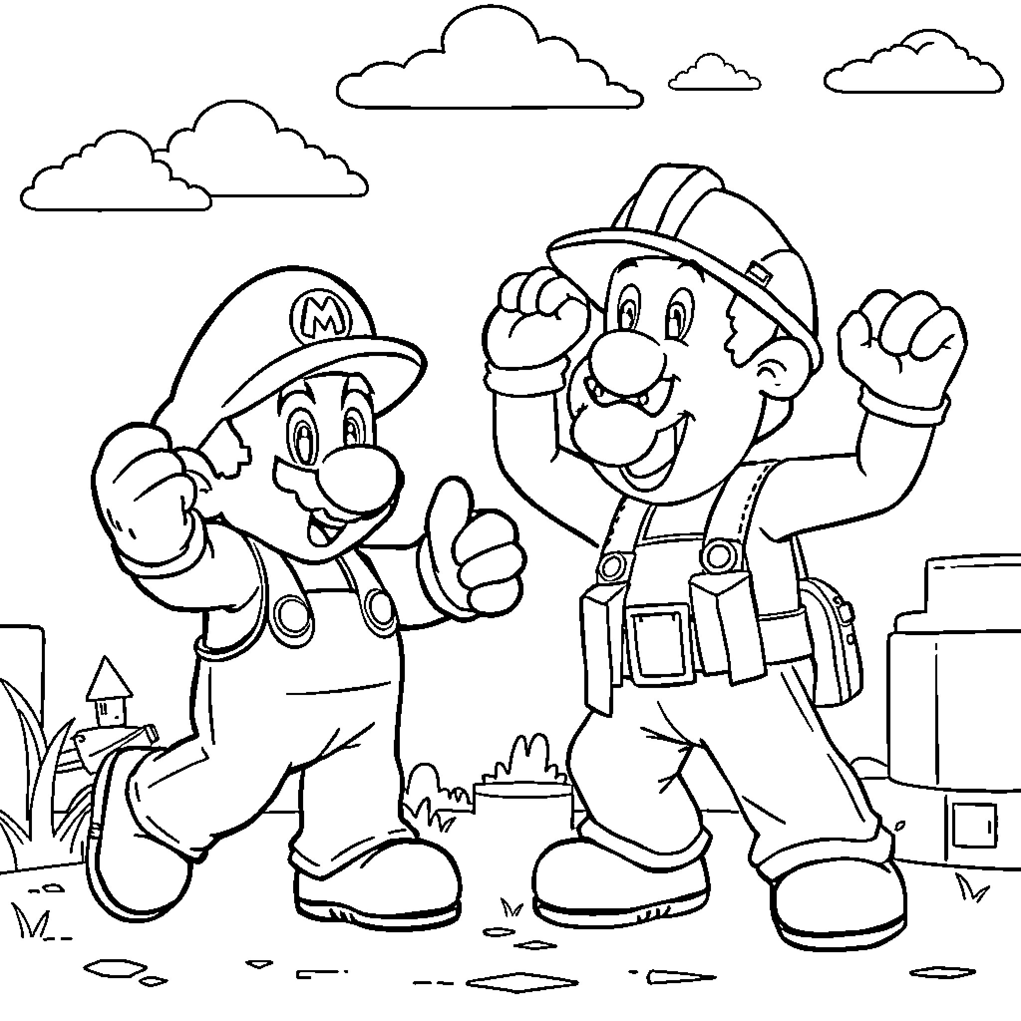 Mario Brothers Celebrating Victory Coloring Page (free black-and-white line drawing printable PDF for all, from beginners to advanced learners, including children, teens, adults, and seniors)