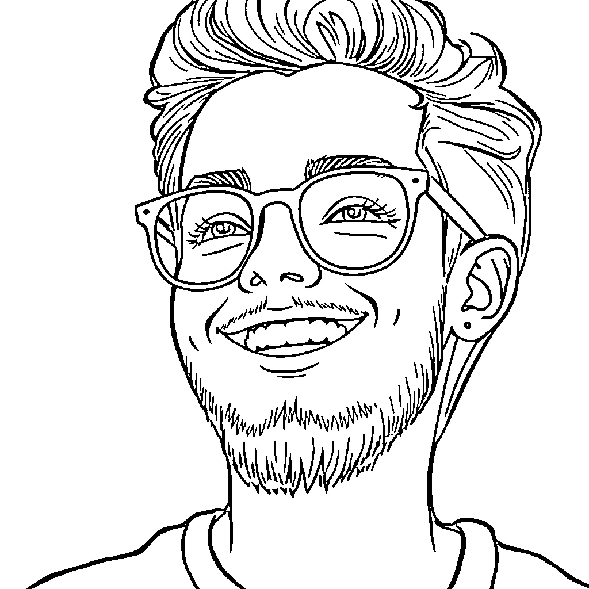 Young Man Wearing Glasses and Smiling Happily Coloring Page (free black-and-white line drawing printable PDF for all, from beginners to advanced learners, including children, teens, adults, and seniors)