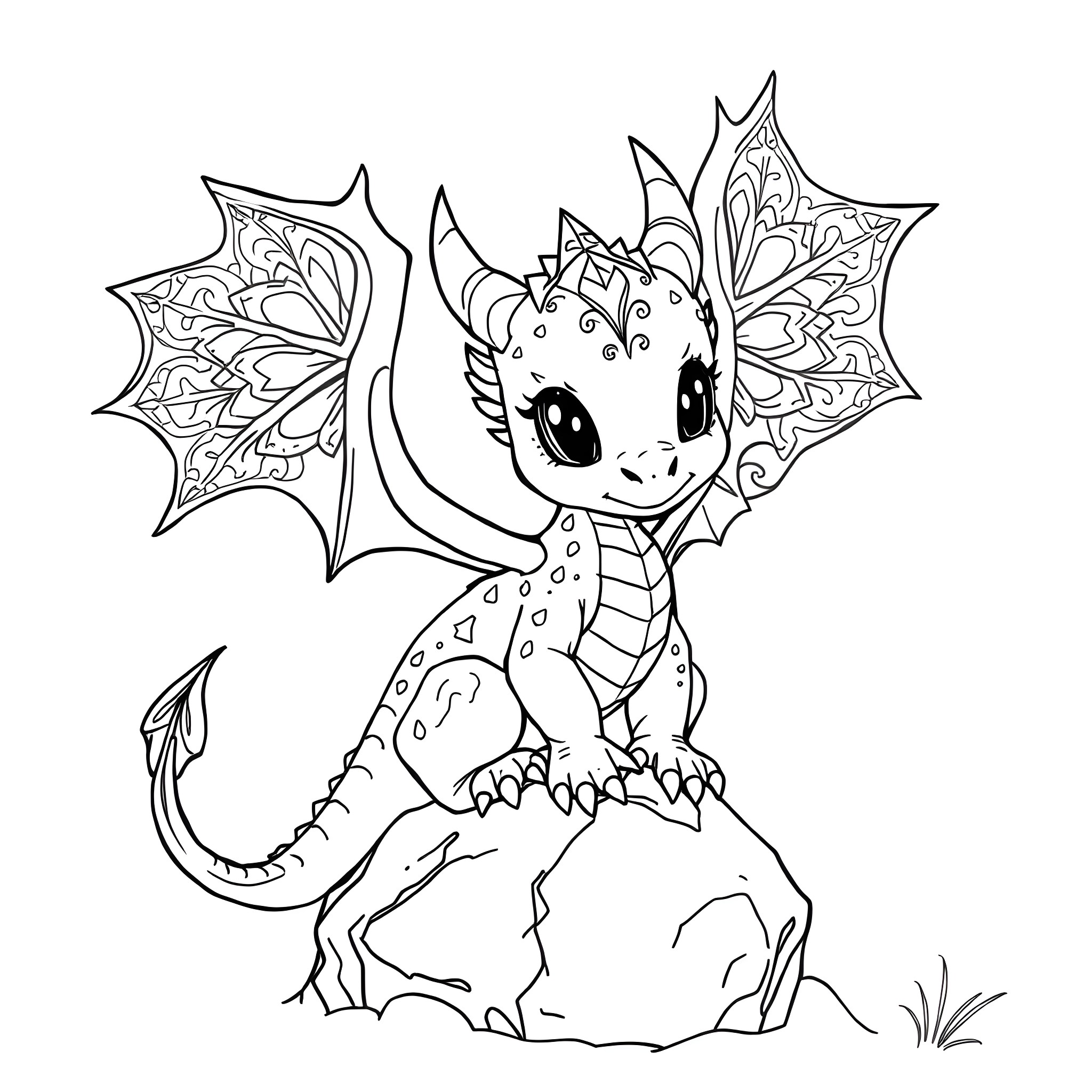 Baby Dragon Sitting on a Rock Coloring Page (free black-and-white line drawing printable PDF for all, from beginners to advanced learners, including children, teens, adults, and seniors)
