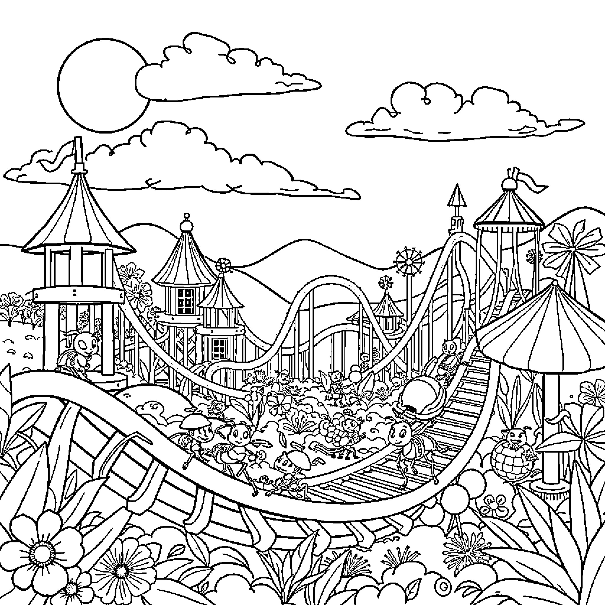 Theme Park with Whimsical Rides and Festive Scenes Coloring Page (free black-and-white line drawing printable PDF for all, from beginners to advanced learners, including children, teens, adults, and seniors)