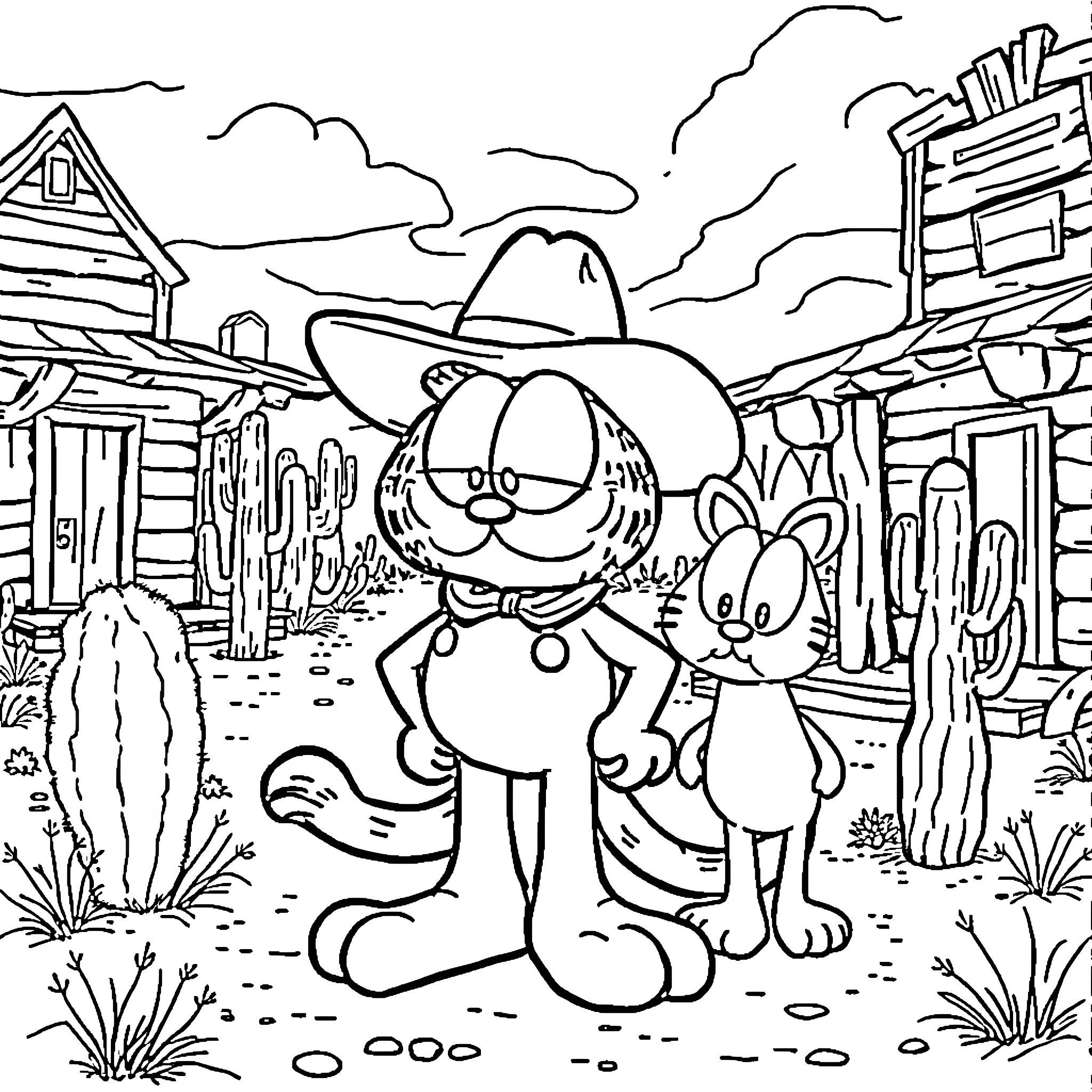 Garfield the cowboy and Odie the rabbit in the desert town Coloring Page (free black-and-white line drawing printable PDF for all, from beginners to advanced learners, including children, teens, adults, and seniors)