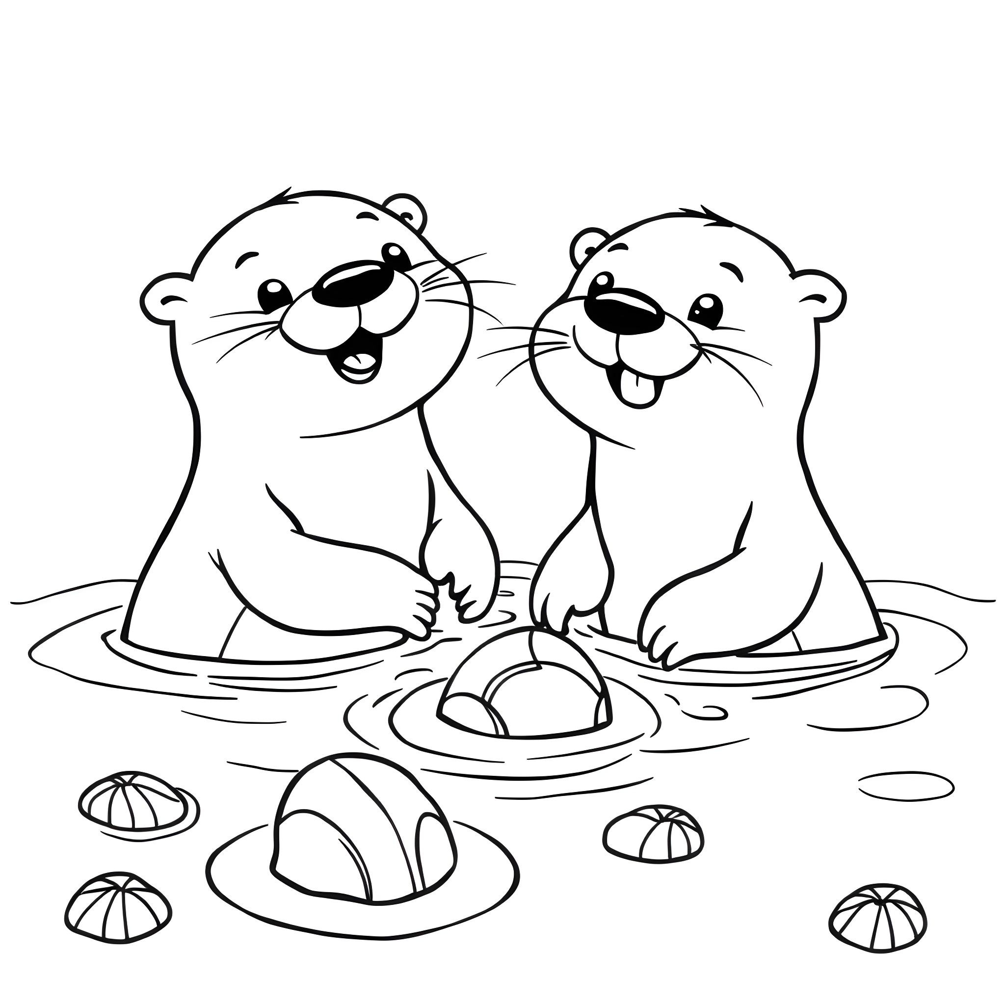 Otter siblings playing happily in the water Coloring Page (free black-and-white line drawing printable PDF for all, from beginners to advanced learners, including children, teens, adults, and seniors)