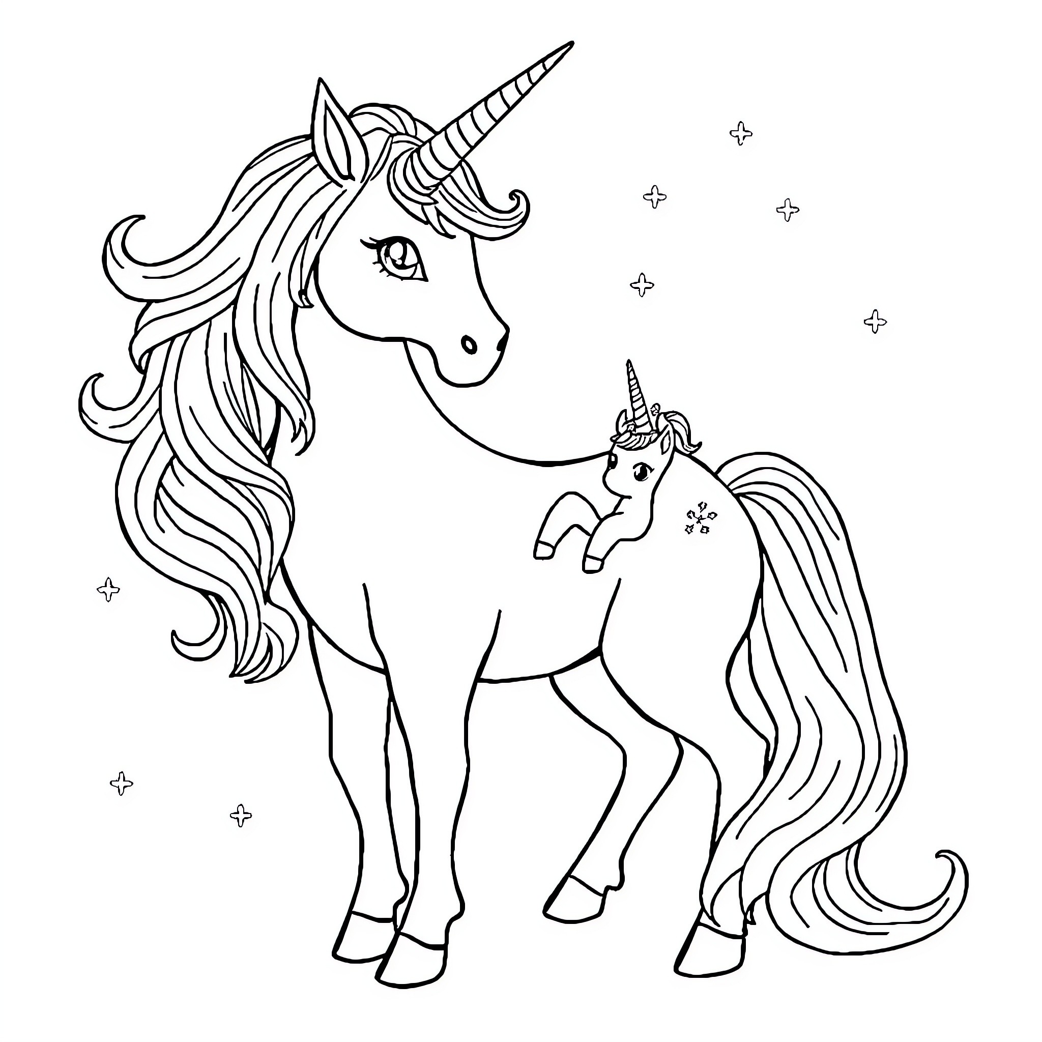 Unicorn mother and child in a whimsical scene Coloring Page (free black-and-white line drawing printable PDF for all, from beginners to advanced learners, including children, teens, adults, and seniors)