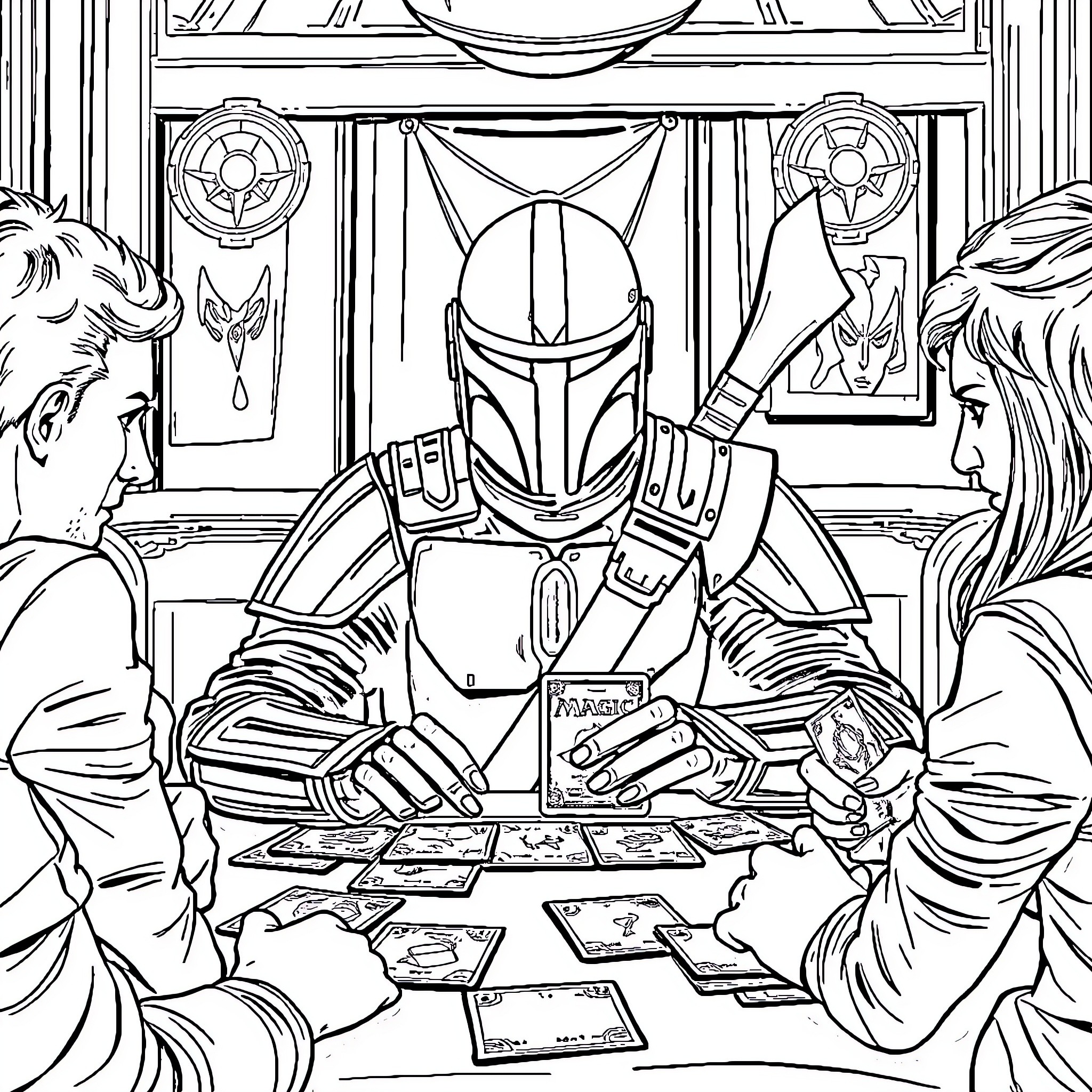 Mandalorian Warrior's Strategic Contemplation Coloring Page (free black-and-white line drawing printable PDF for all, from beginners to advanced learners, including children, teens, adults, and seniors)
