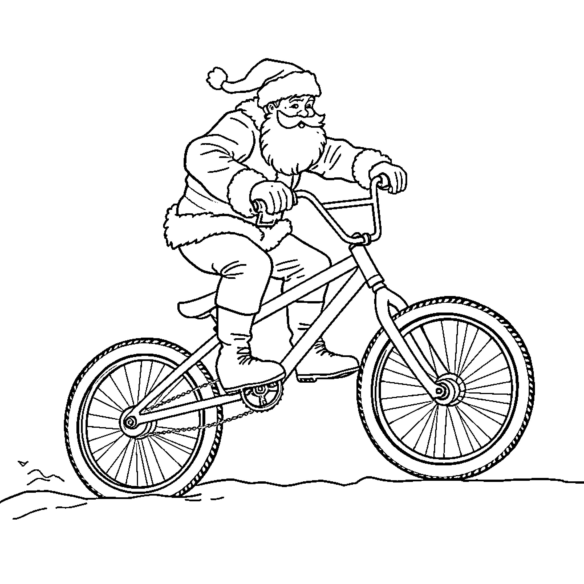 Santa riding a bicycle happily Coloring Page (free black-and-white line drawing printable PDF for all, from beginners to advanced learners, including children, teens, adults, and seniors)