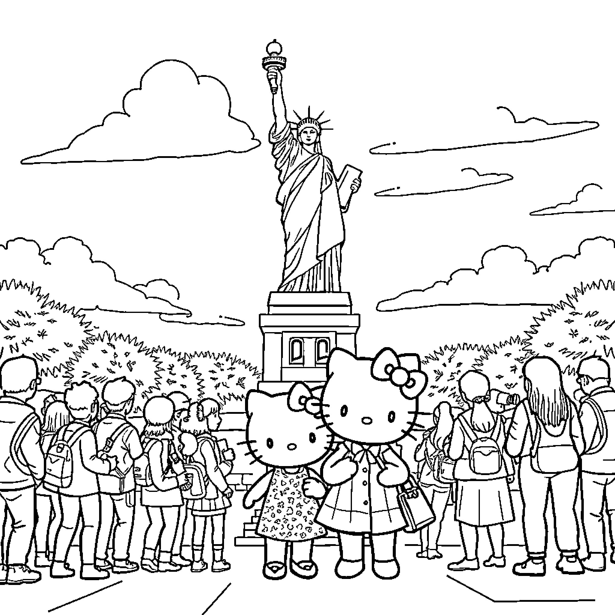 Sanrio Characters Visiting the Statue of Liberty Coloring Page (free black-and-white line drawing printable PDF for all, from beginners to advanced learners, including children, teens, adults, and seniors)