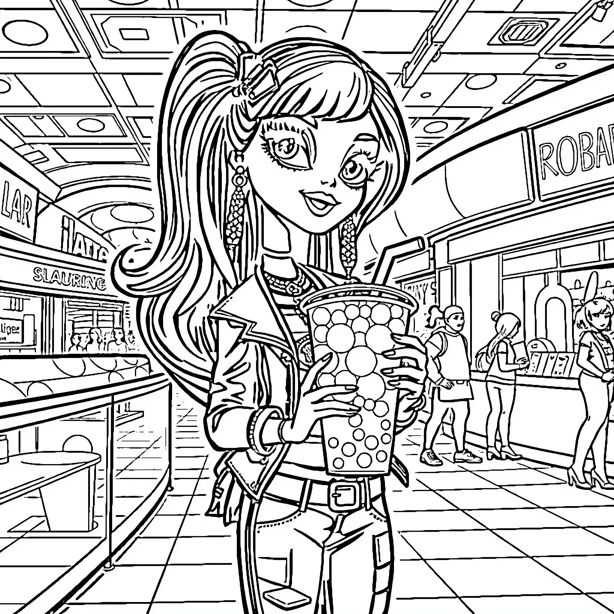 Sasha's Shopping Spree in the City Coloring Page (free black-and-white line drawing printable PDF for all, from beginners to advanced learners, including children, teens, adults, and seniors)