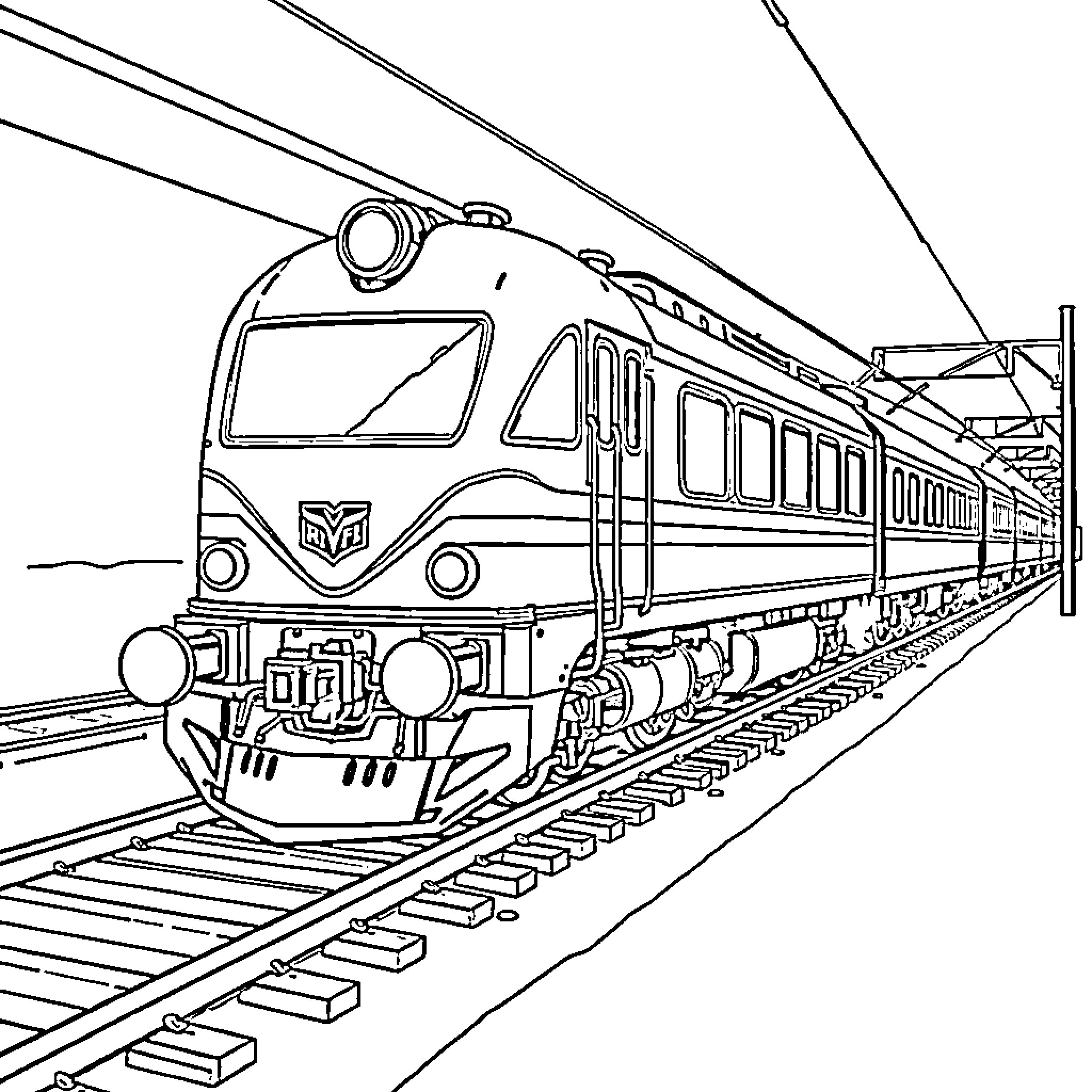 Train traveling on railway track Coloring Page (free black-and-white line drawing printable PDF for all, from beginners to advanced learners, including children, teens, adults, and seniors)