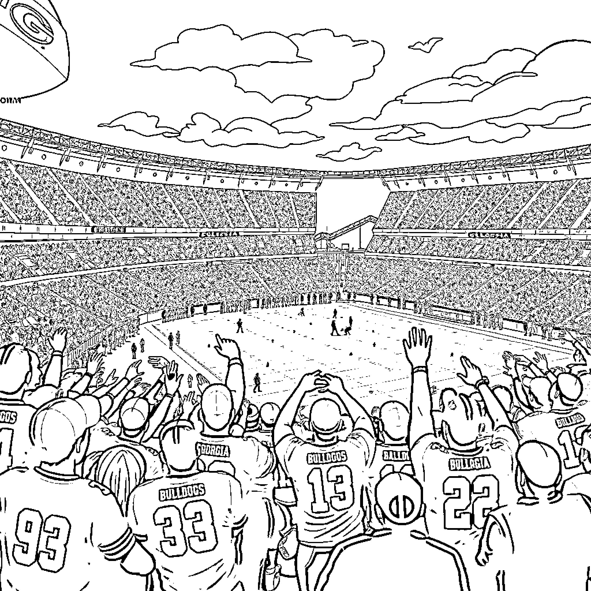 Bulldogs competing in a lively stadium game Coloring Page (free black-and-white line drawing printable PDF for all, from beginners to advanced learners, including children, teens, adults, and seniors)