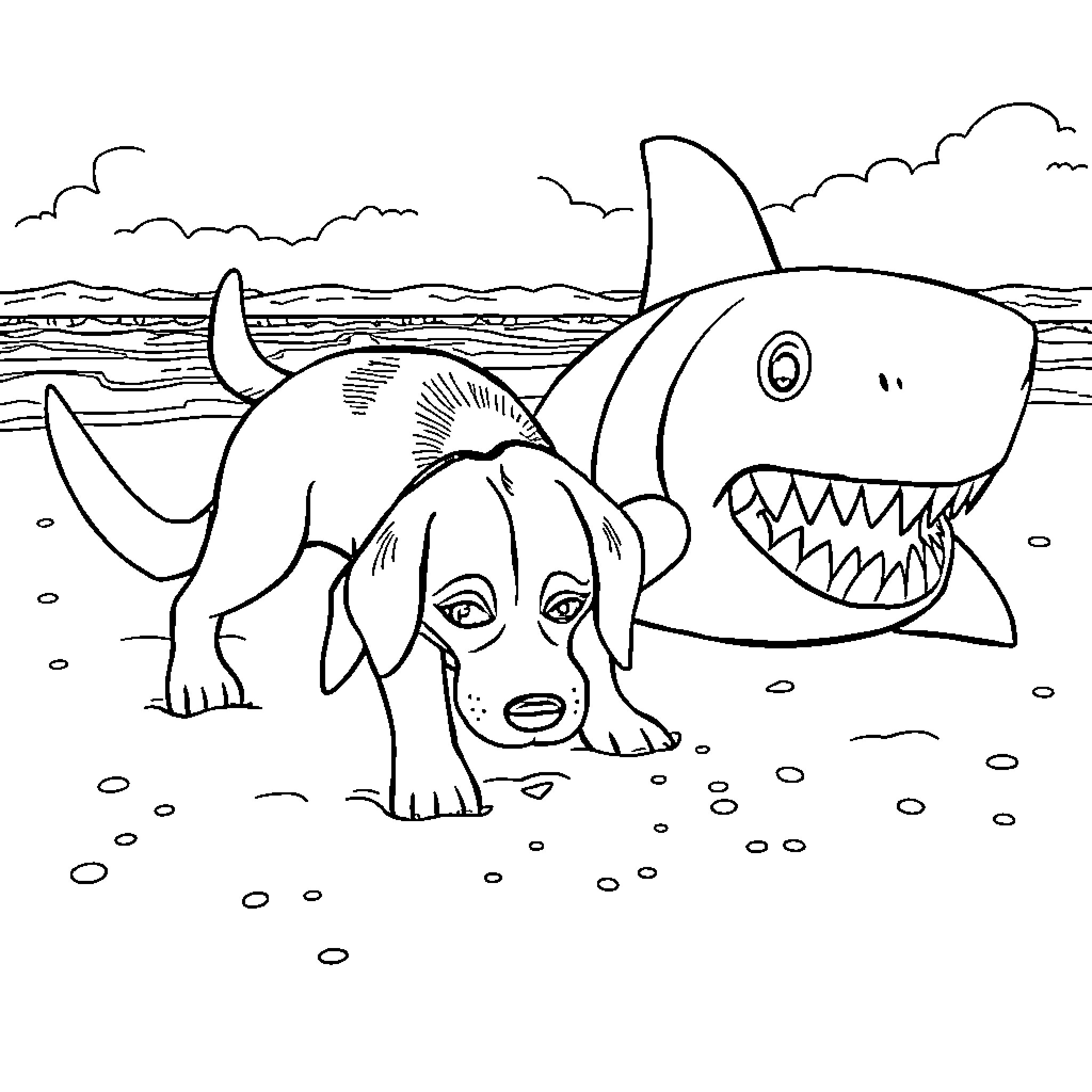 Beagle Terrified by Hungry Shark on Beach Coloring Page (free black-and-white line drawing printable PDF for all, from beginners to advanced learners, including children, teens, adults, and seniors)