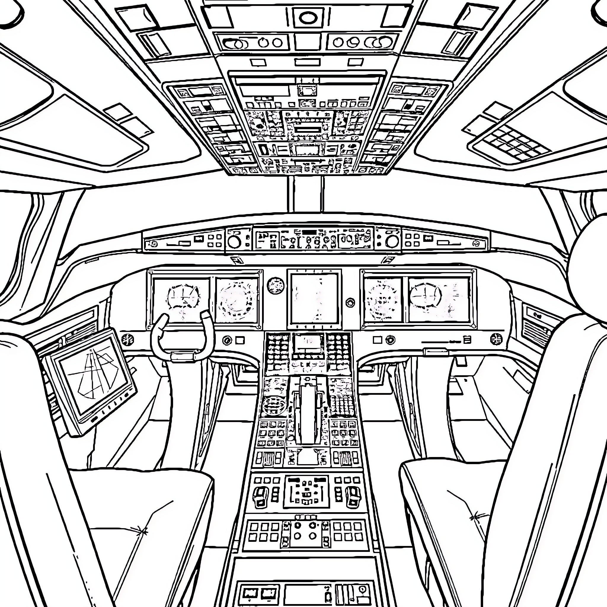 Boeing Airplane Cockpit Detailed Illustration Coloring Page (free black-and-white line drawing printable PDF for all, from beginners to advanced learners, including children, teens, adults, and seniors)