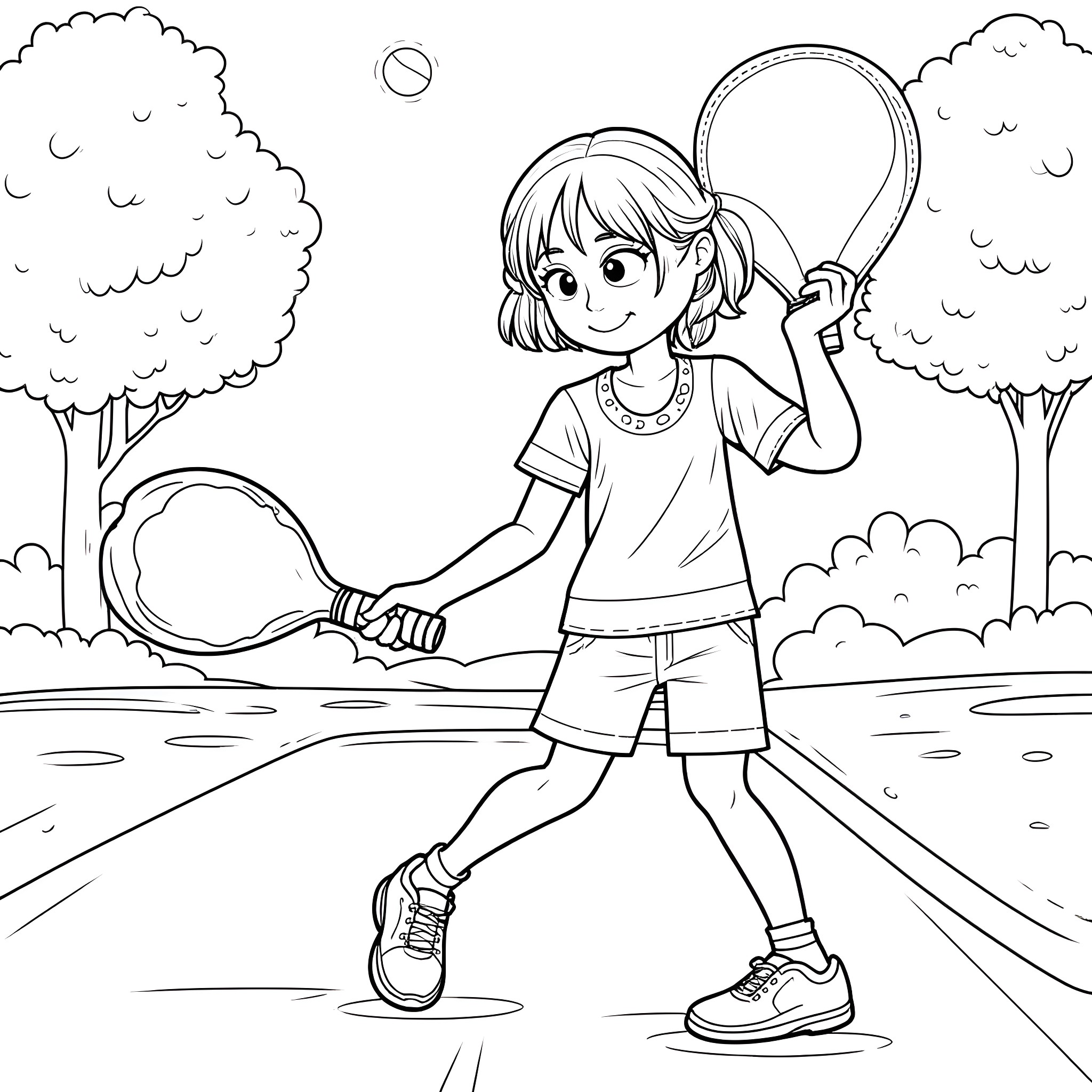 Girl playing tennis on the court Coloring Page (free black-and-white line drawing printable PDF for all, from beginners to advanced learners, including children, teens, adults, and seniors)