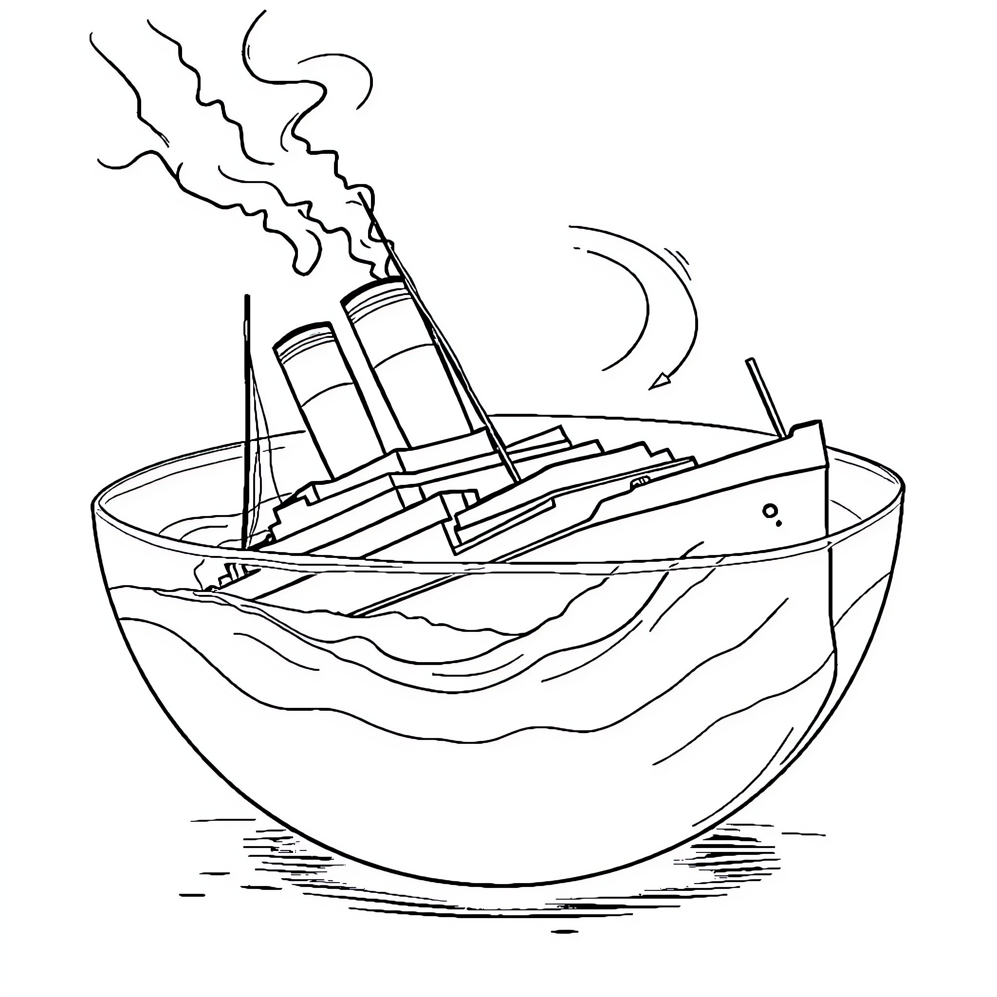 Titanic sinking in the ocean at night Coloring Page (free black-and-white line drawing printable PDF for all, from beginners to advanced learners, including children, teens, adults, and seniors)