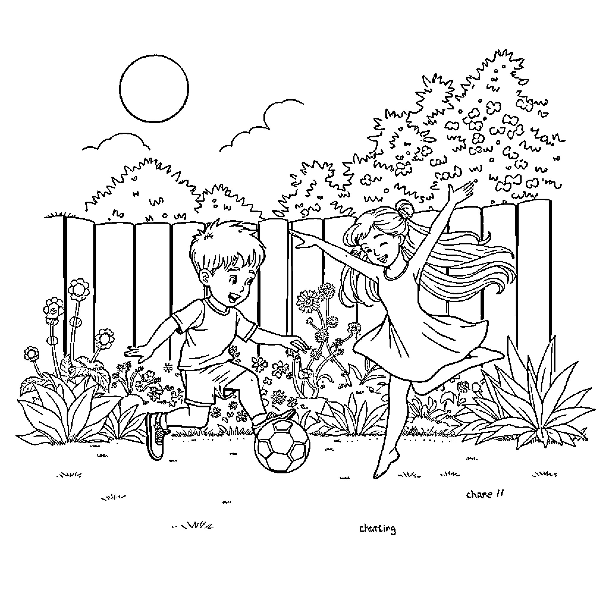 Boy and Girl Playing in the Garden Coloring Page (free black-and-white line drawing printable PDF for all, from beginners to advanced learners, including children, teens, adults, and seniors)