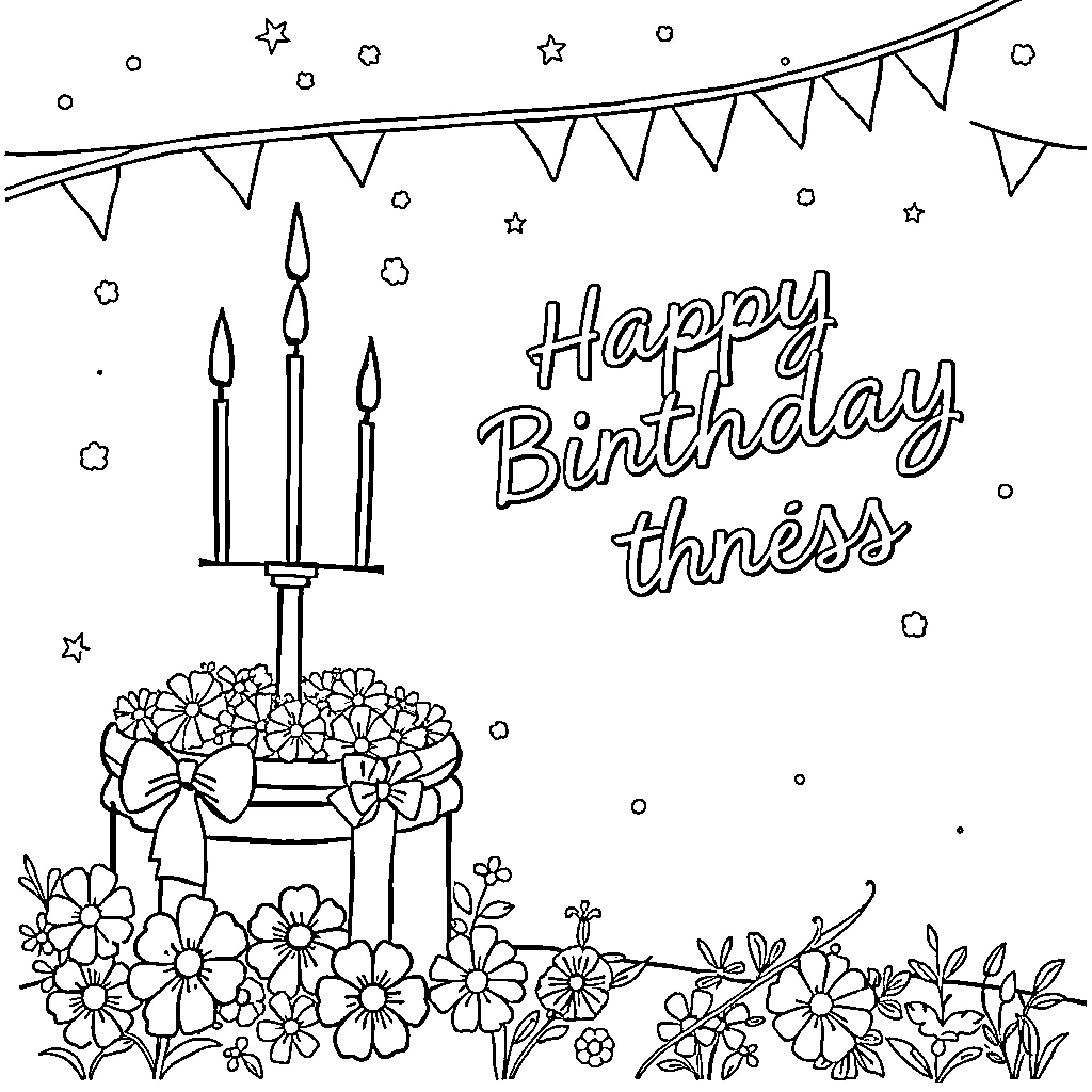Princess Celebrates Happy Birthday with Flowers and Candles Coloring Page (free black-and-white line drawing printable PDF for all, from beginners to advanced learners, including children, teens, adults, and seniors)