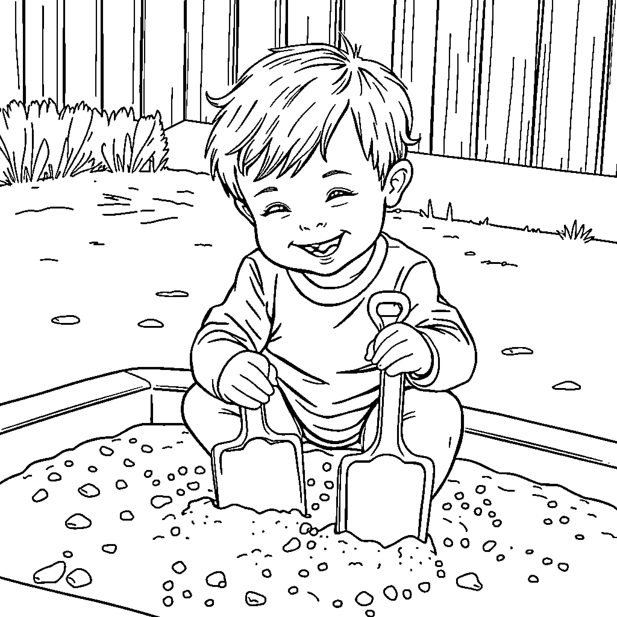 Toddler playing happily in the sandbox Coloring Page (free black-and-white line drawing printable PDF for all, from beginners to advanced learners, including children, teens, adults, and seniors)