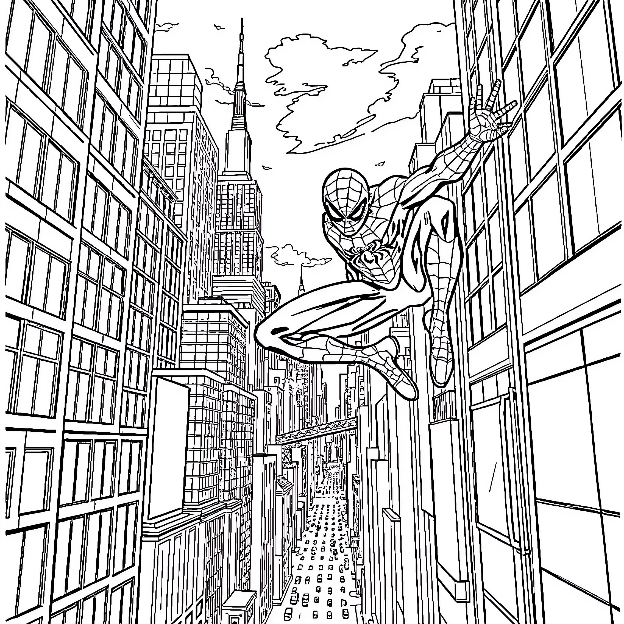 Spiderman swinging through the city skyscrapers Coloring Page (free black-and-white line drawing printable PDF for all, from beginners to advanced learners, including children, teens, adults, and seniors)
