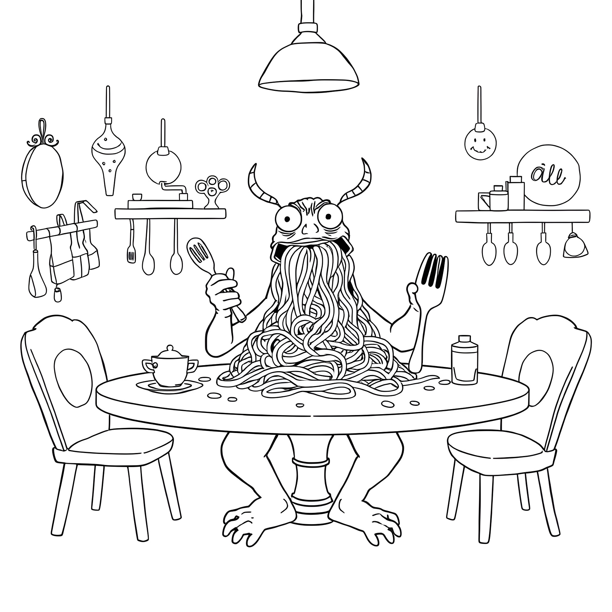 Monster enjoying a messy meal in the kitchen Coloring Page (free black-and-white line drawing printable PDF for all, from beginners to advanced learners, including children, teens, adults, and seniors)