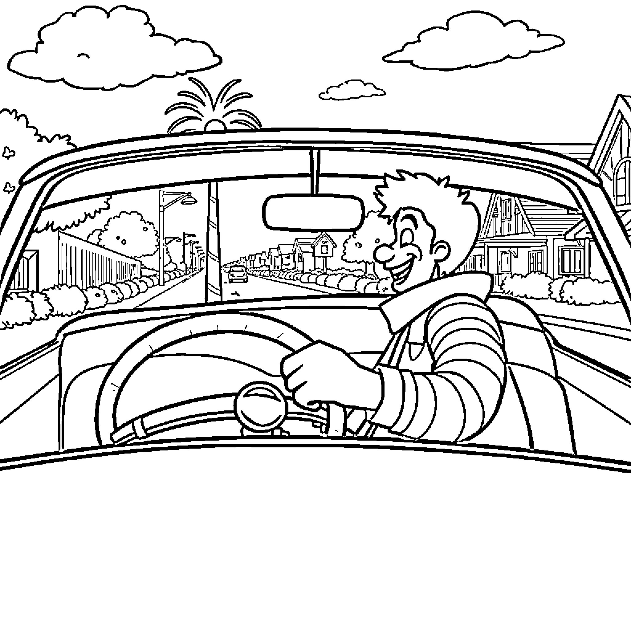 Ronald's Joyful Drive through the City Coloring Page (free black-and-white line drawing printable PDF for all, from beginners to advanced learners, including children, teens, adults, and seniors)