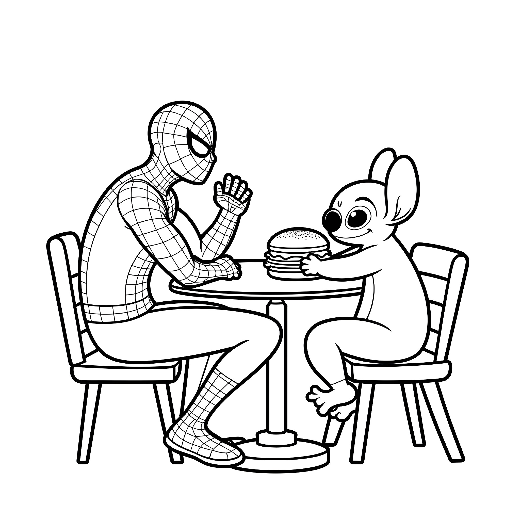 Spider-Man and Stitch Enjoying Burgers Together Coloring Page (free black-and-white line drawing printable PDF for all, from beginners to advanced learners, including children, teens, adults, and seniors)