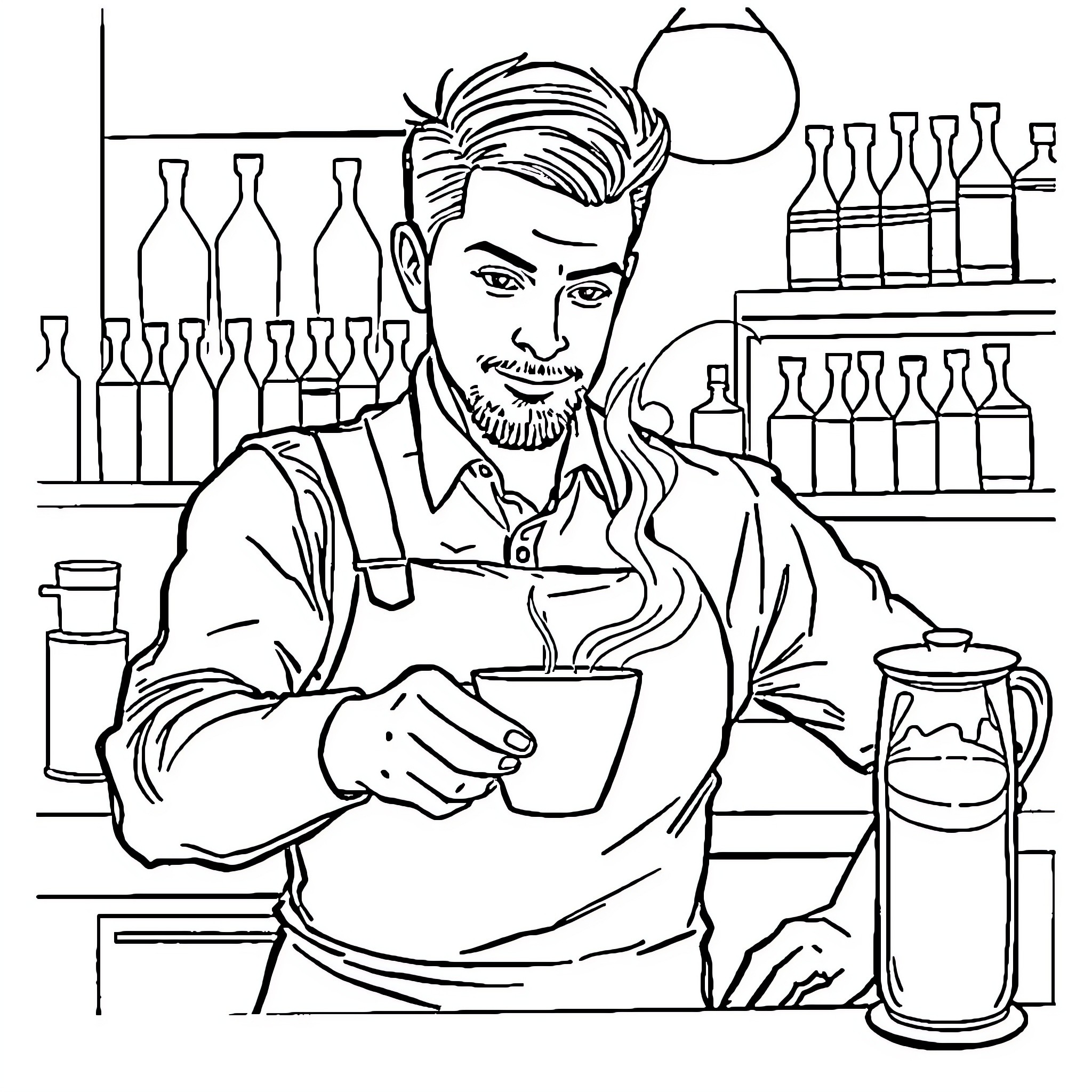 Barman preparing a drink in a bar Coloring Page (free black-and-white line drawing printable PDF for all, from beginners to advanced learners, including children, teens, adults, and seniors)