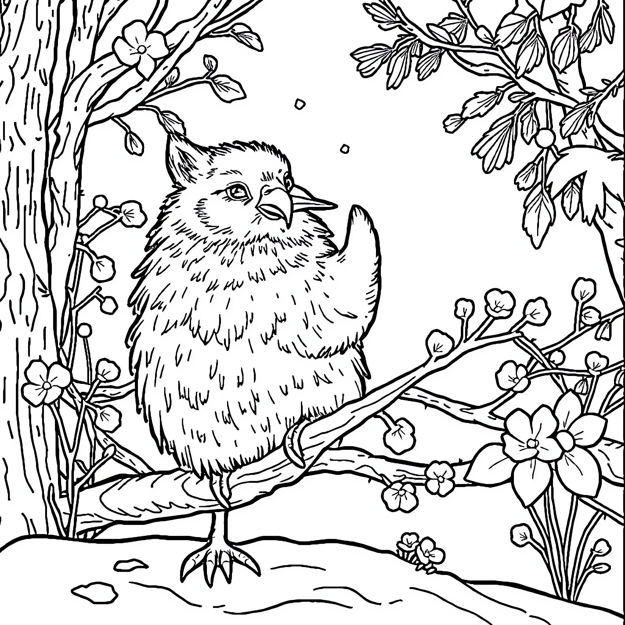 Palomies bird enjoying the spring flowers Coloring Page (free black-and-white line drawing printable PDF for all, from beginners to advanced learners, including children, teens, adults, and seniors)