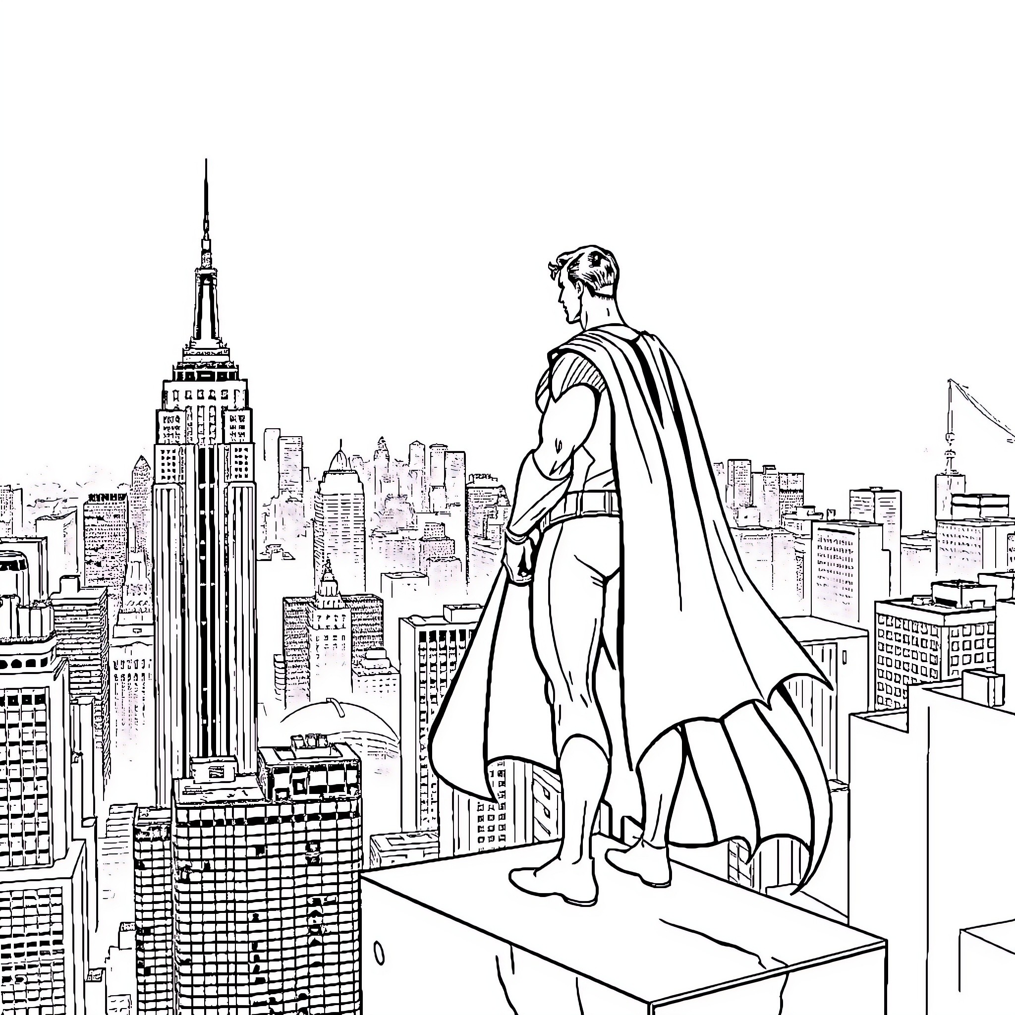 Batman and Superman overlooking the city skyline Coloring Page (free black-and-white line drawing printable PDF for all, from beginners to advanced learners, including children, teens, adults, and seniors)