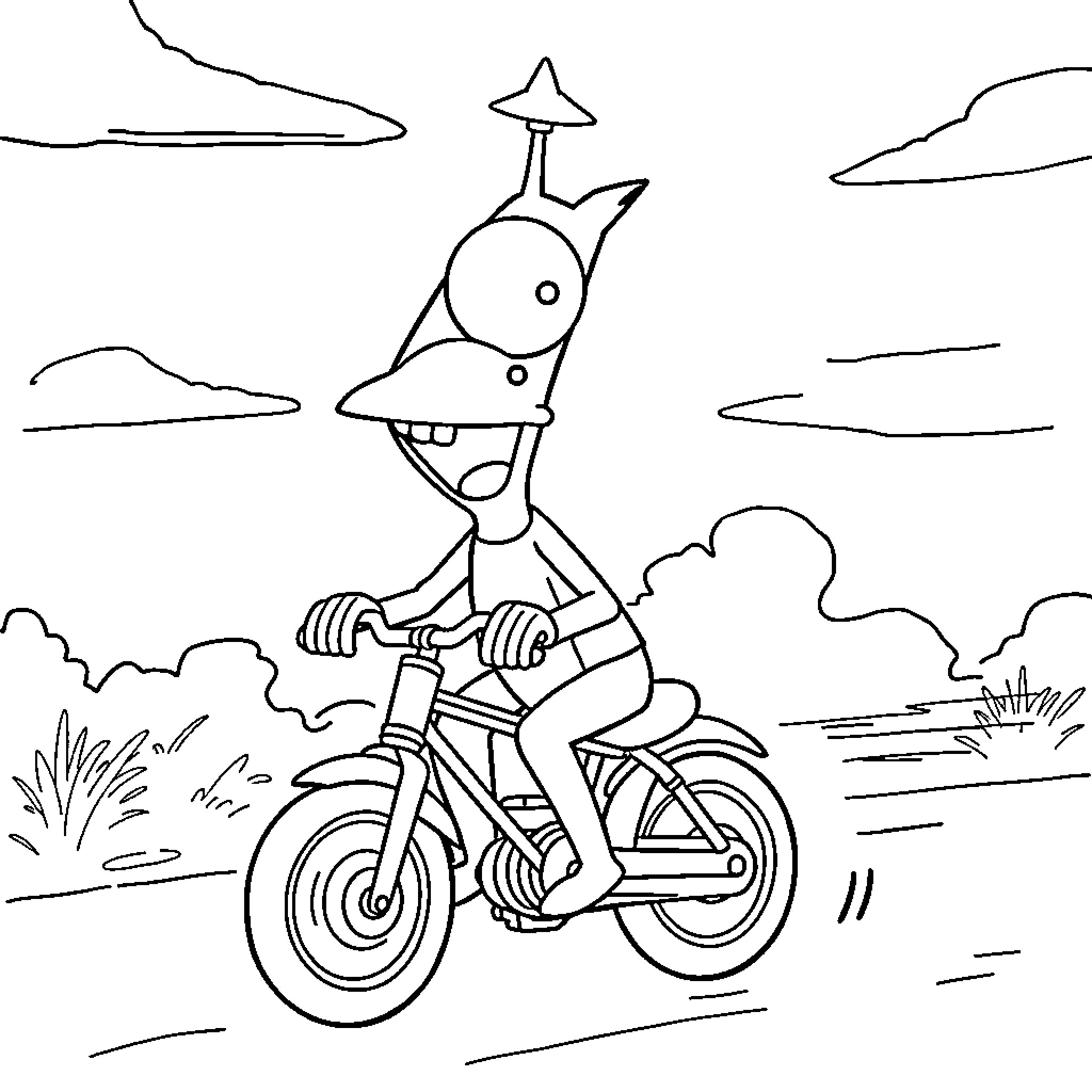Lord Nibbler's Bicycle Adventure Coloring Page (free black-and-white line drawing printable PDF for all, from beginners to advanced learners, including children, teens, adults, and seniors)
