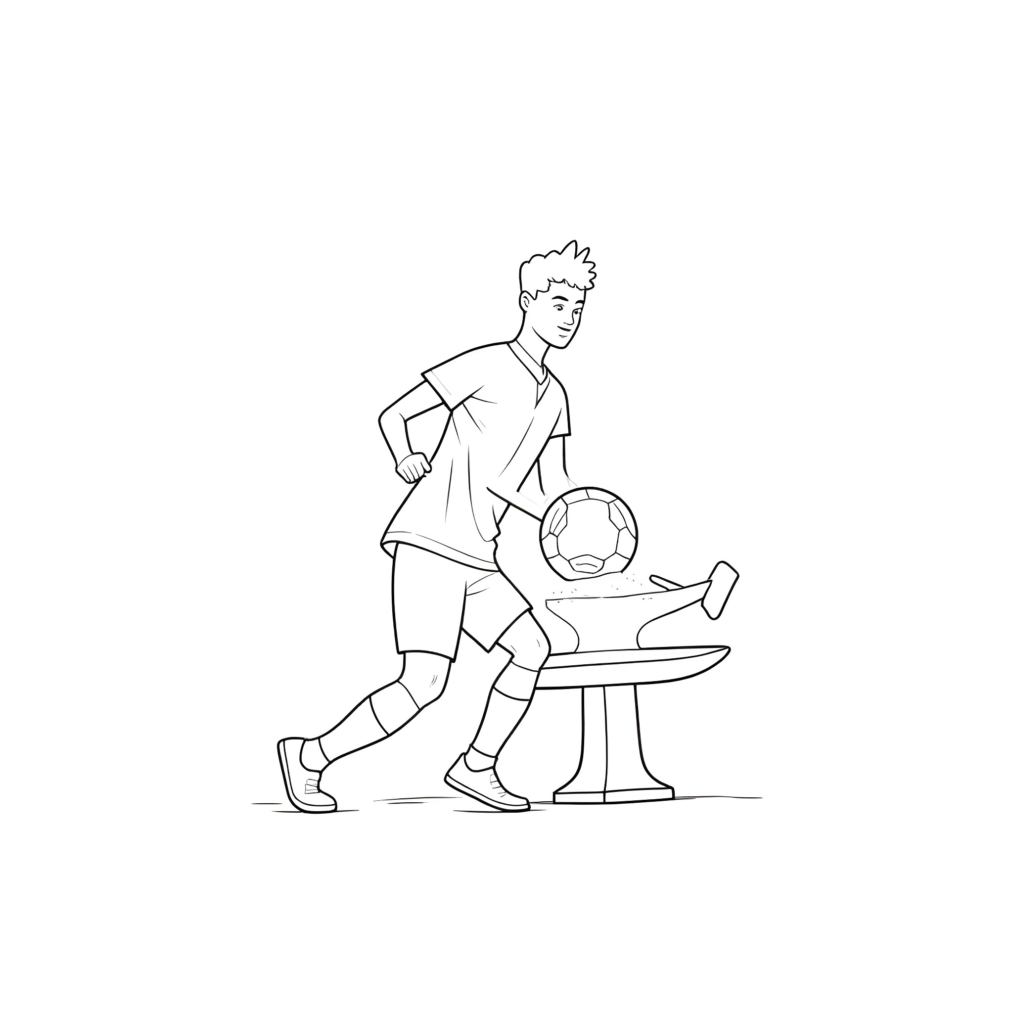 Soccer Player Dribbling Ball on Field Coloring Page (free black-and-white line drawing printable PDF for all, from beginners to advanced learners, including children, teens, adults, and seniors)